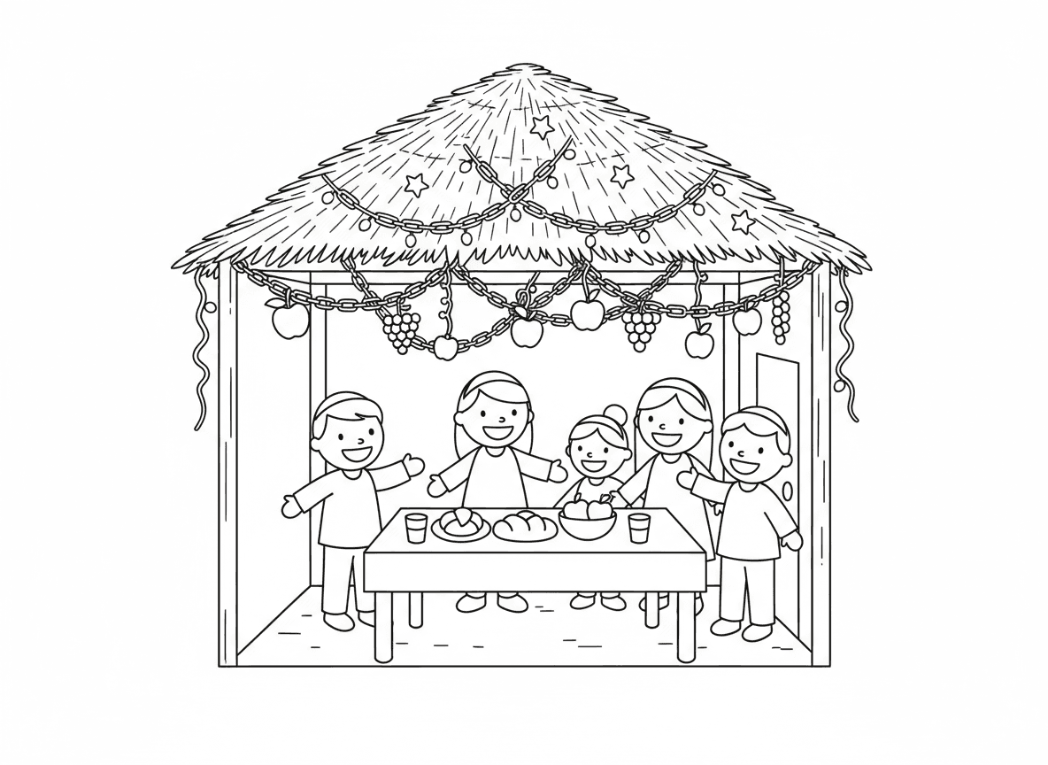 סוכה מעוטרת יפה - סוכה מעוטרת יפה עם פירות תלויים, שרשראות נייר, נחשי נוצצים, אורות פיות, דרך הגג נראים כוכבים, שולחן ערוך בפנים עם אוכל, משפחה מקבלת אורחים