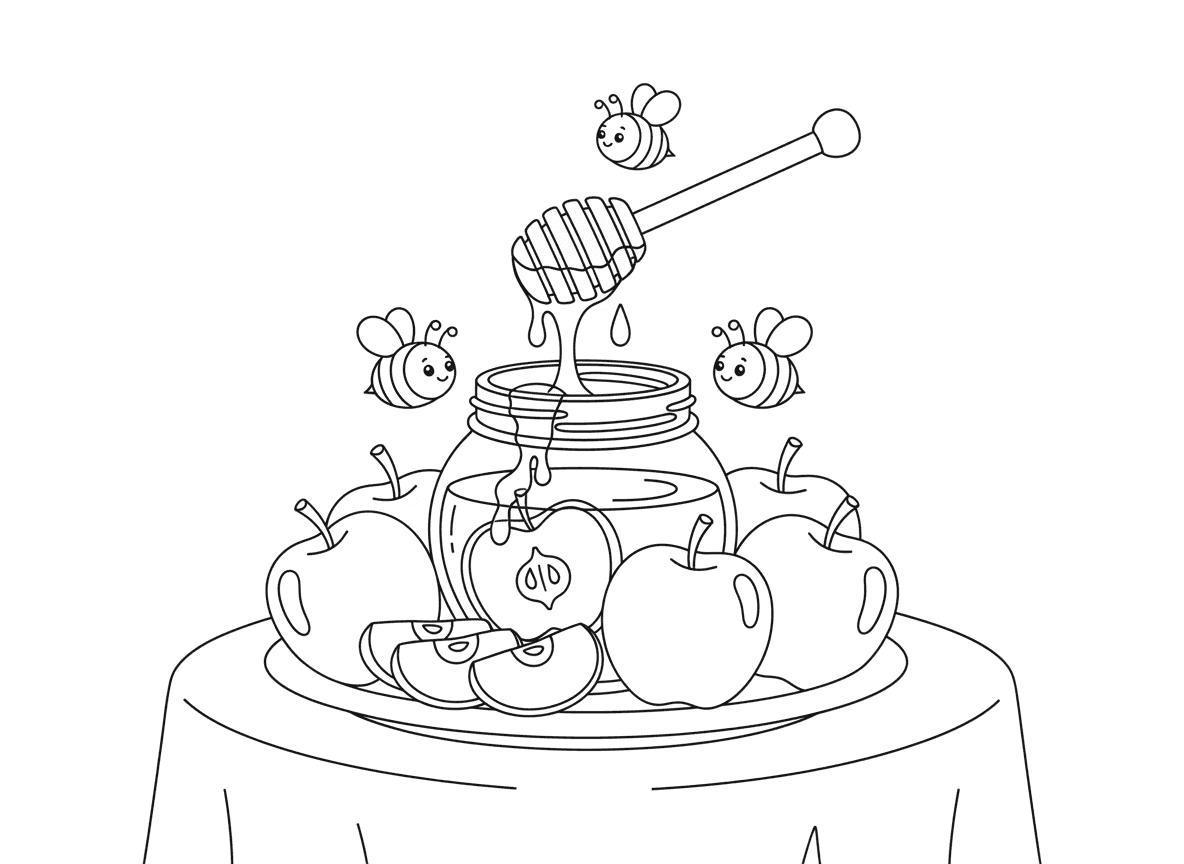 תפוח בדבש - סצנה יפה של פרוסות תפוח נטבלות בצנצנת דבש, דבש זהוב מטפטף, תפוחים שלמים ופרוסות תפוח מסודרים, מקל דבש, דבורים מזמזמות סביב, שולחן חגיגי