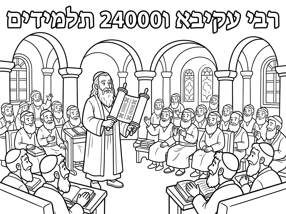 עכשיו רבי עקיבא עומד בבית המדרש
ביד שלו מגילה
ומסביבו עומדים הרבה מאוד תלמידים עם זקנים

כותרת
רבי עקיבא ו24000 תלמידים