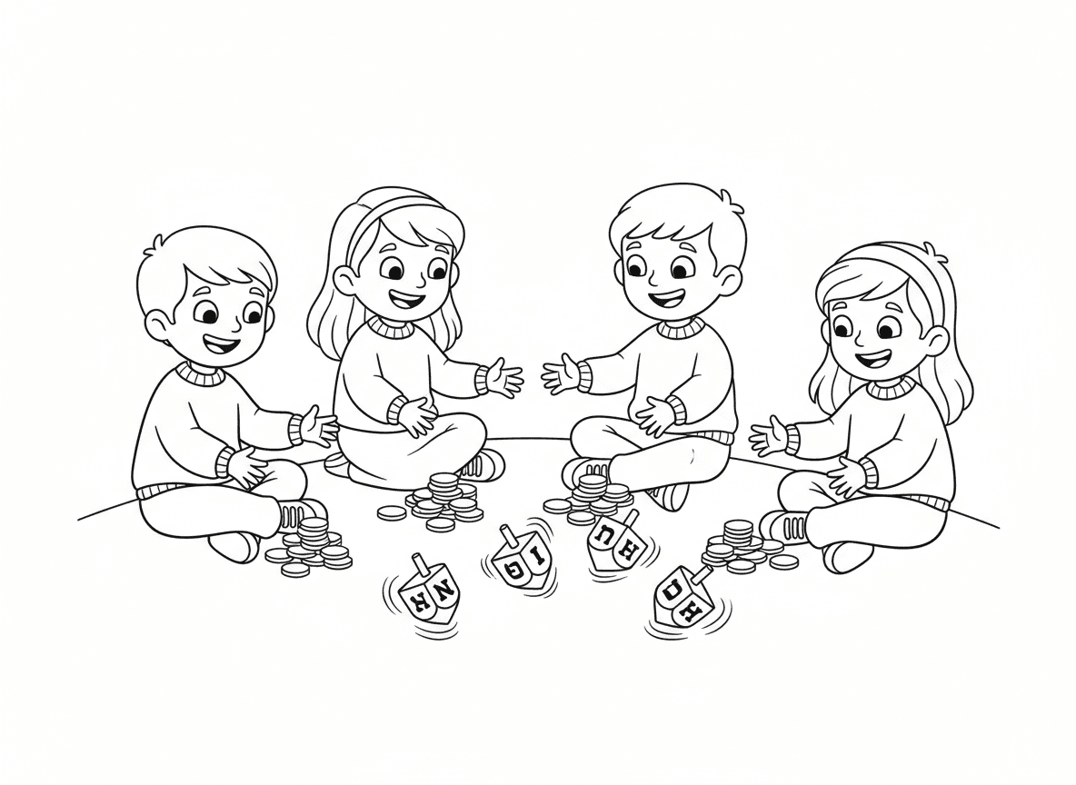 משחק סביבון מסתובב - ילדים משחקים בסביבון על הרצפה, כמה סביבונים מסתובבים, מטבעות שוקולד (דמי חנוכה) כפרסים, אותיות נ ג ה ש נראות, ילדים יושבים במעגל, פרצופים נרגשים