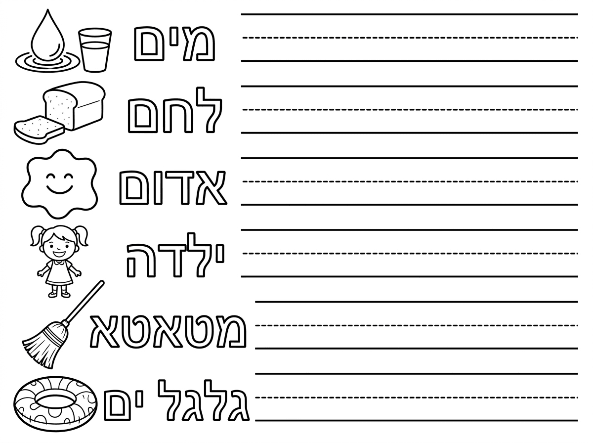 צור בבקשה דף כתיבה, בו צריך להעתיק את המילים הבאות;
מים, לחם, אדום, ילדה, מטאטא, גלגל ים