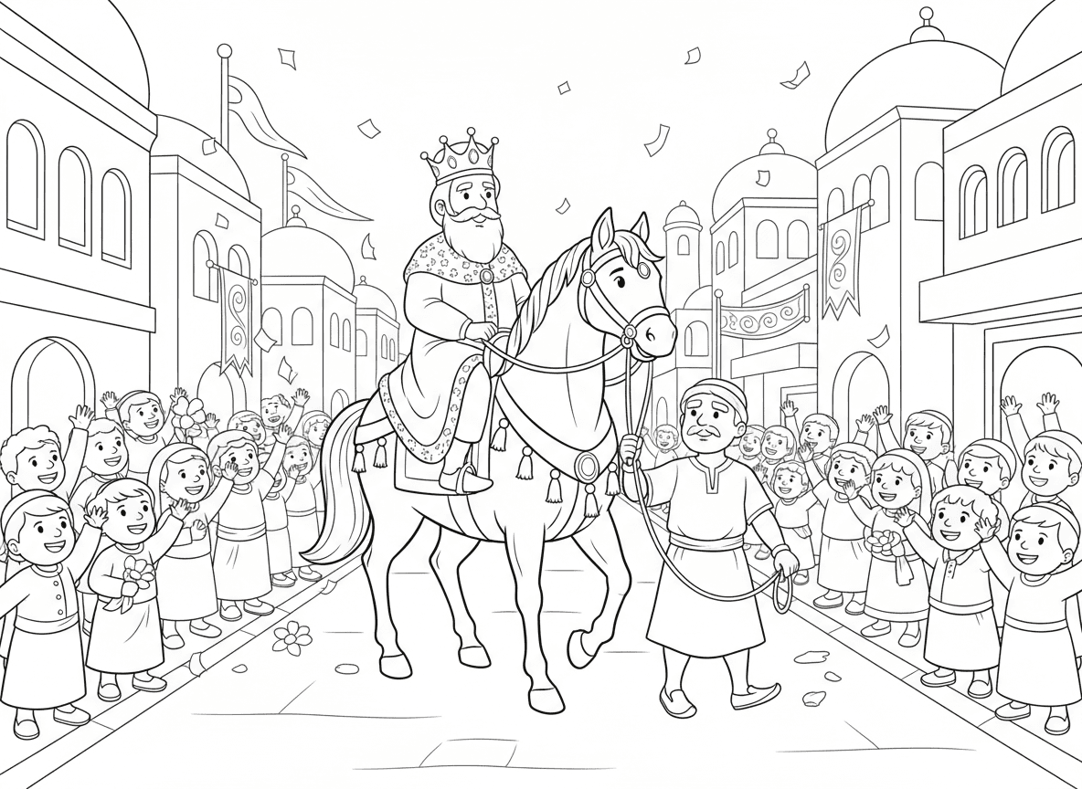 מרדכי רוכב על סוס המלך - מרדכי רוכב על סוס המלך ברחובות העיר, לובש בגדי מלכות, המן מוביל את הסוס, אנשים מריעים, בניינים פרסיים, אווירה חגיגית