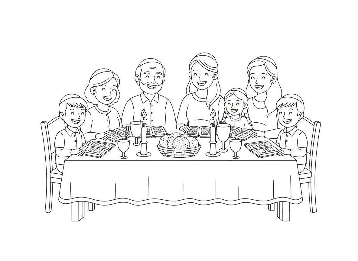 משפחה יושבת סביב שולחן הסדר - משפחה יהודית שמחה יושבת סביב שולחן סדר ערוך יפה, סבא וסבתא הורים וילדים, מצות על השולחן, כוסות יין, הגדות פתוחות, נרות דולקים, אווירה חגיגית