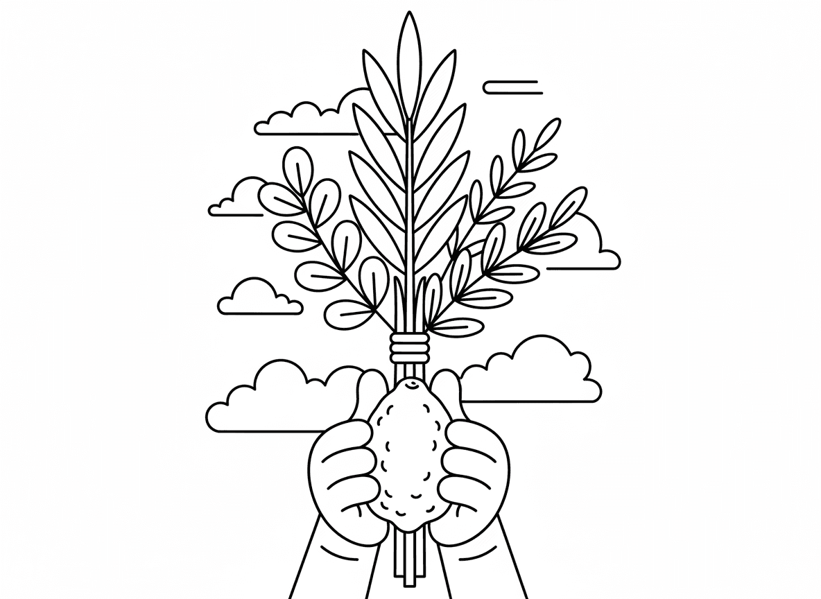 ארבעת המינים לולב ואתרוג - ארבעת המינים מוחזקים יחד: לולב, אתרוג, הדסים וערבות, מסודרים יפה, מבט קרוב ומפורט, ידיים מחזיקות אותם, רקע שמיים כחולים