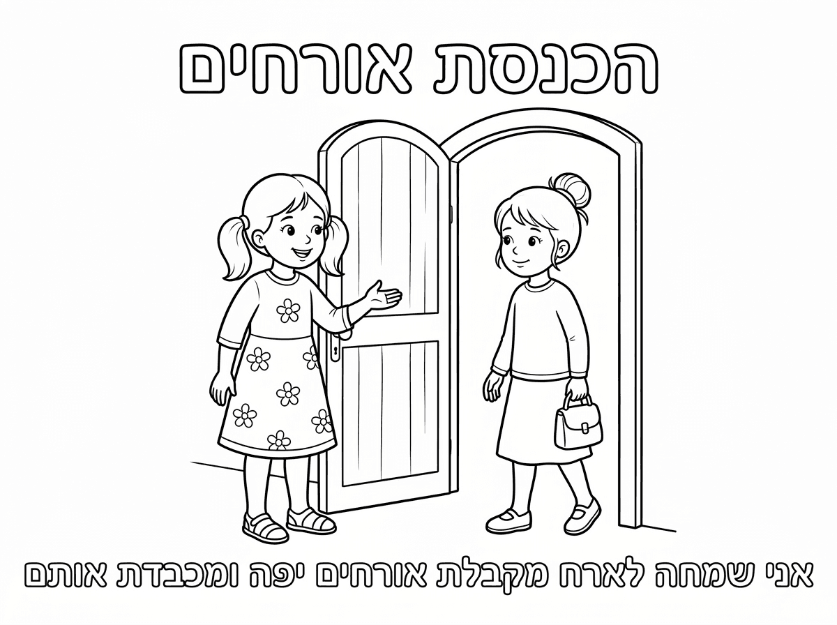 תמונה
הילדה עם השמלה הפרחונית
עומדת ליד דלת פתוחה ומכניסה ילדה עם חולצה שמכסה את המרפק
חצאית שמכסה את הברך
יש לה שיער אסוף

כותרת
הכנסת אורחים
למטה
אני שמחה לארח
מקבלת אורחים יפה ומכבדת אותם