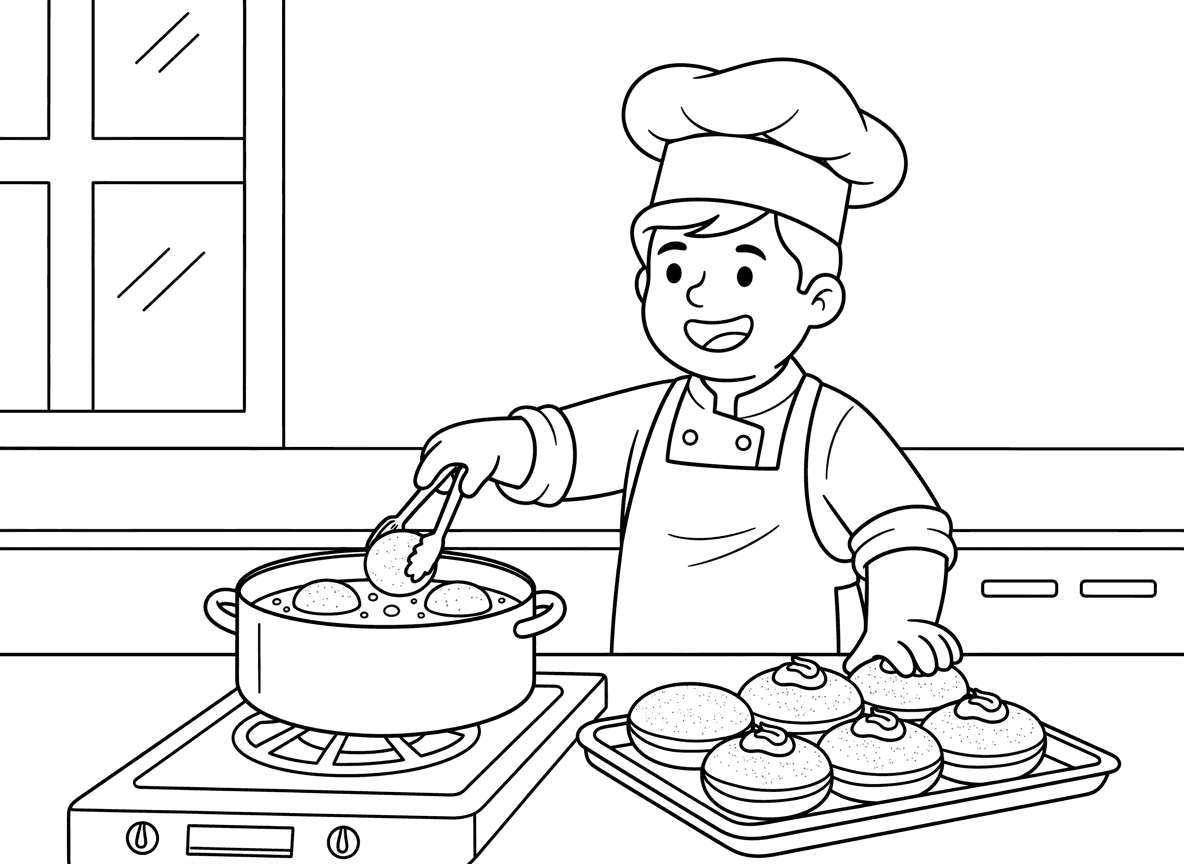 טיגון סופגניות - סצנת מטבח של הכנת סופגניות חנוכה, כדורי בצק מטוגנים בשמן, סופגניות מוכנות עם אבקת סוכר וריבה, אופה עם סינר, סיר שמן, נראה טעים