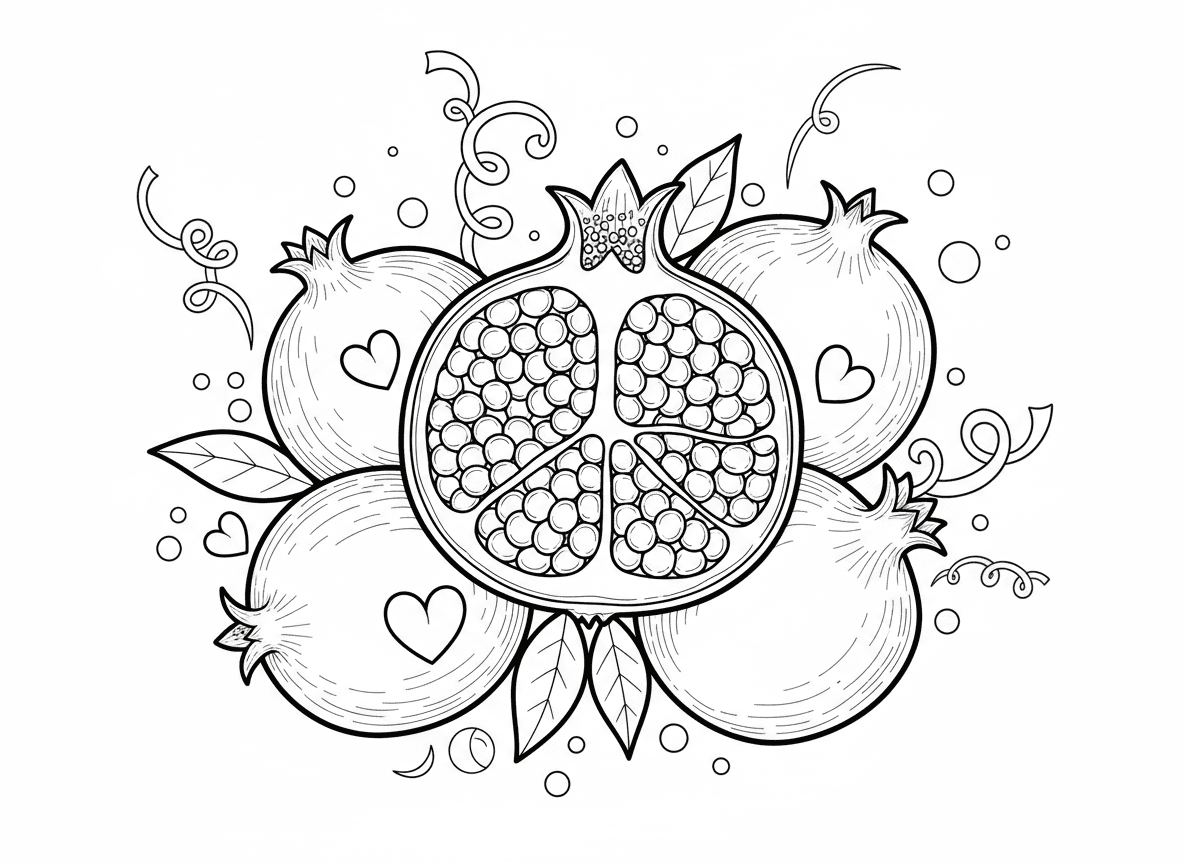 רימון מלא גרגרים - רימון גדול ויפה חצוי מראה גרגרים אדומי רובי בפנים, רימונים שלמים סביב, עלים, מסמל מצוות רבות, מסגרת ראש השנה חגיגית