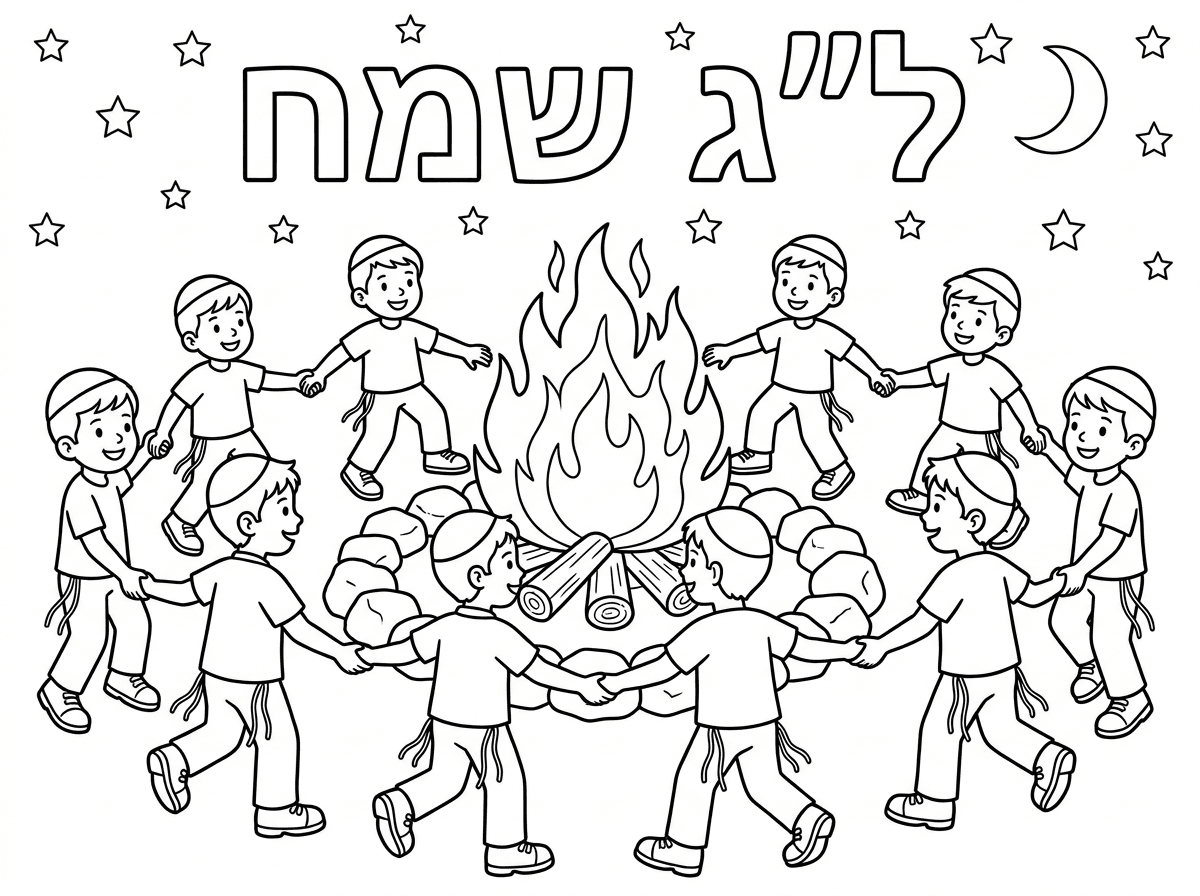 דף צביעה של מדורה בלילה עם כוכבים
סביב המדןרה מעגל אבנים

סביב המדורה מעגל ילדים-בנים בגיל גן
כל הבנים עם כיפןת חלקןת
חולצה לבנה מכנס ארוך וחוטי ציצית
נעליים של שבת

למעלה כתוב:
ל"ג שמח