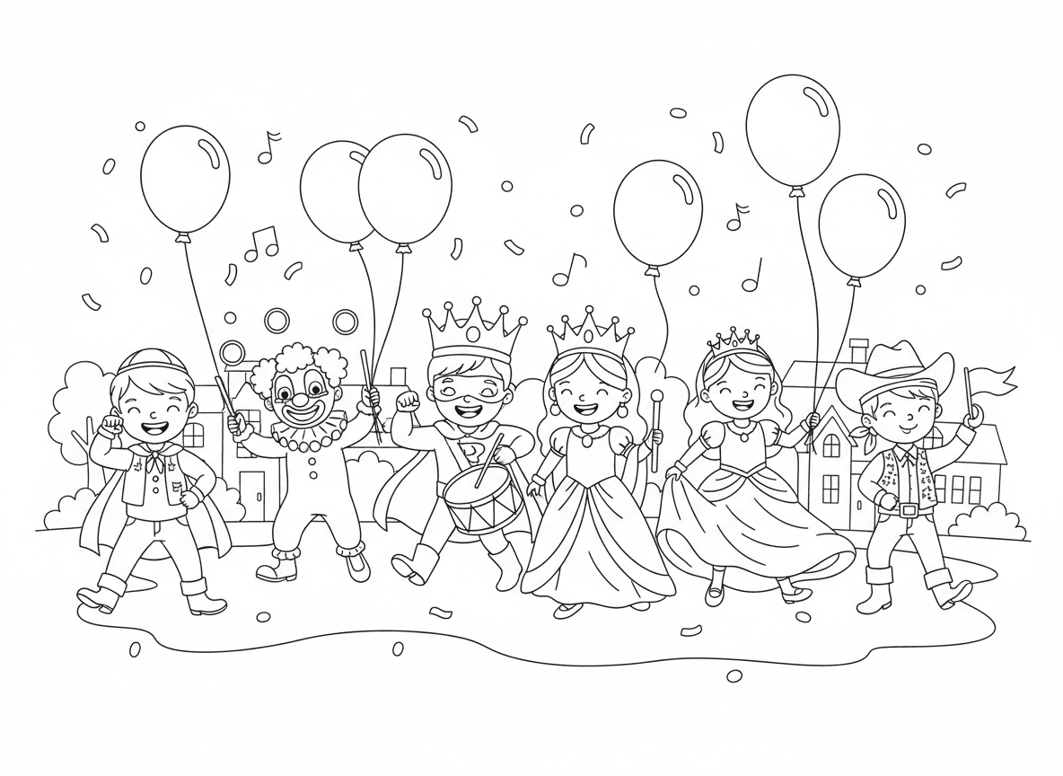 תהלוכת ילדים בתחפושות פורים - תהלוכת ילדים בתחפושות פורים צבעוניות: מלכה, מלך, ליצן, גיבור על, נסיכה, פיראט, קאובוי, רוקדים וצועדים, קונפטי, בלונים, כלי נגינה, סצנת רחוב שמחה