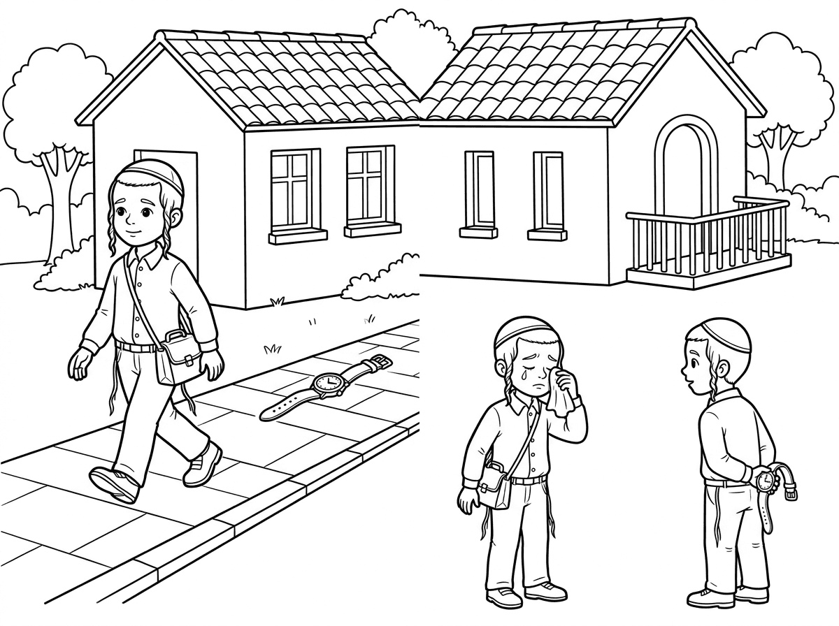 Black-and-white line art coloring page, two connected scenes on one sheet (no divider line).
Top scene: Two connected houses with tiled roofs. The right house has two narrow windows on one wall and an arched doorway opening to a small balcony with a railing. The left house has a similar arched doorway opening onto a paved path. Both houses are attached, clearly visible as two units side by side, drawn with thin background lines. Behind them are 2–3 simple trees. On the paved path walks a Hasidic boy with sidecurls (payot), kippah, buttoned shirt, long pants, and a small lunch bag hanging clearly from his neck. He is walking leftward. On the path behind him, slightly to the right, lies a wristwatch with long straps spread open.
Bottom scene: On the left, the same boy with payot, kippah, buttoned shirt, long pants, and the lunch bag hanging from his neck, stands wiping a tear with a small tissue. On the right, another Hasidic boy with payot, kippah, buttoned shirt, and long pants stands facing him, holding the wristwatch hidden behind his back.
Style: clear coloring page outlines, smooth crisp black lines on white background, balanced level of detail (roof tiles, balcony railing, trees, clothing folds), no shading, no heavy cross-hatching, clean cartoon-like simplicity.
