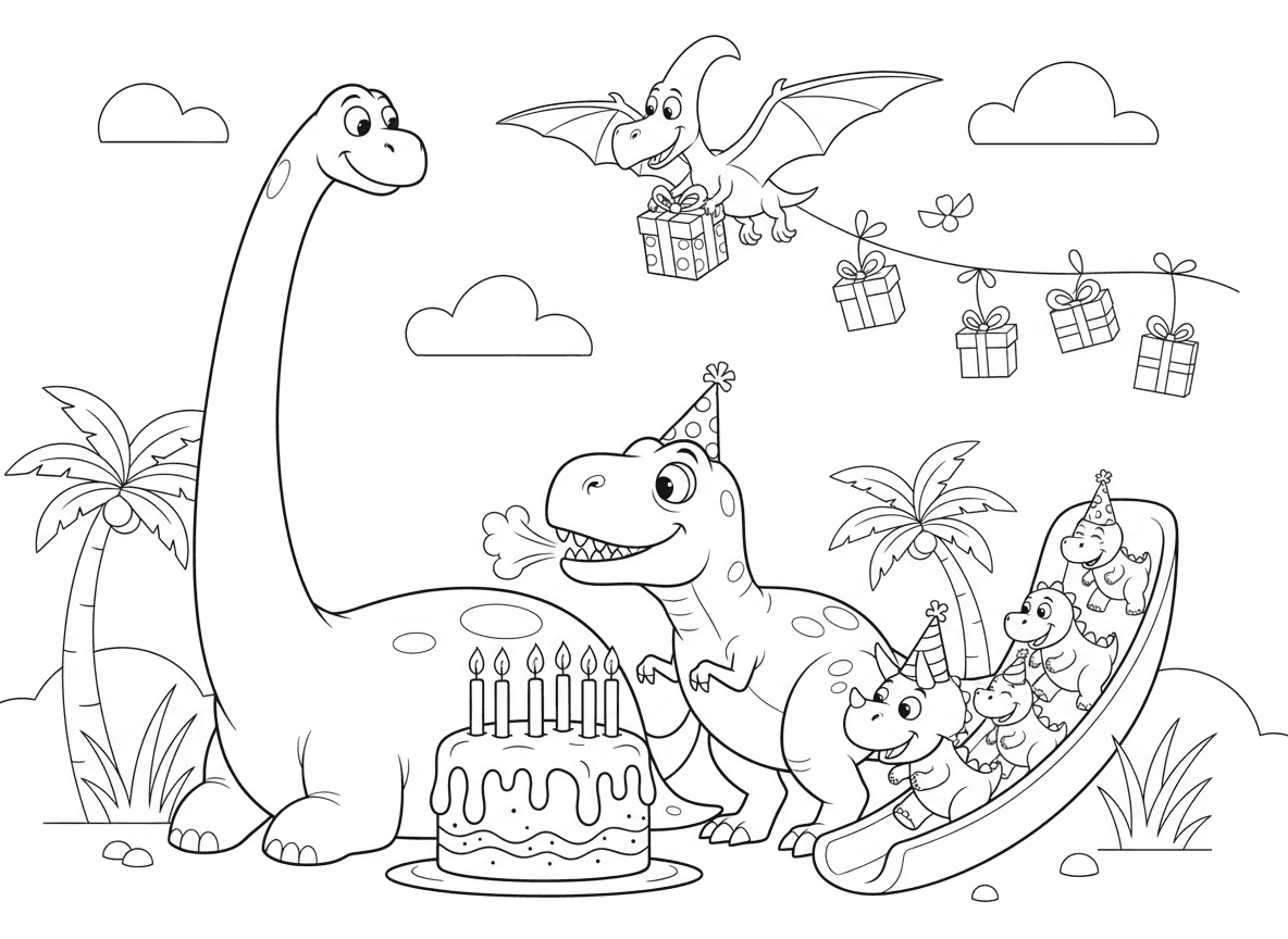 מסיבת יום הולדת של דינוזאורים - טי-רקס מנסה לכבות נרות עם ידיים זעירות, טריצרטופס עם כובע מסיבה, ברונטוזאורוס כמגלשה חיה לתינוקות דינו, טרודקטיל מביא מתנות מהשמיים, ועוגת הר געש