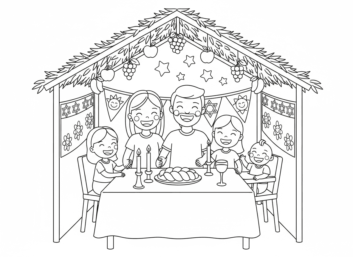 משפחה אוכלת בסוכה - משפחה שמחה אוכלת ארוחה חגיגית בתוך סוכה, קירות מעוטרים, פירות תלויים מהגג, כוכבים נראים דרך הסכך, נרות, חלה, יין, אווירה חמימה