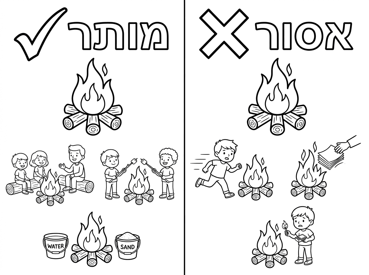 מה מותר לעשות ליד המדורה ומה אסור תעשה וי ליד מותר ואיקס ליד אסור שתי מדורות וכמה ציורים