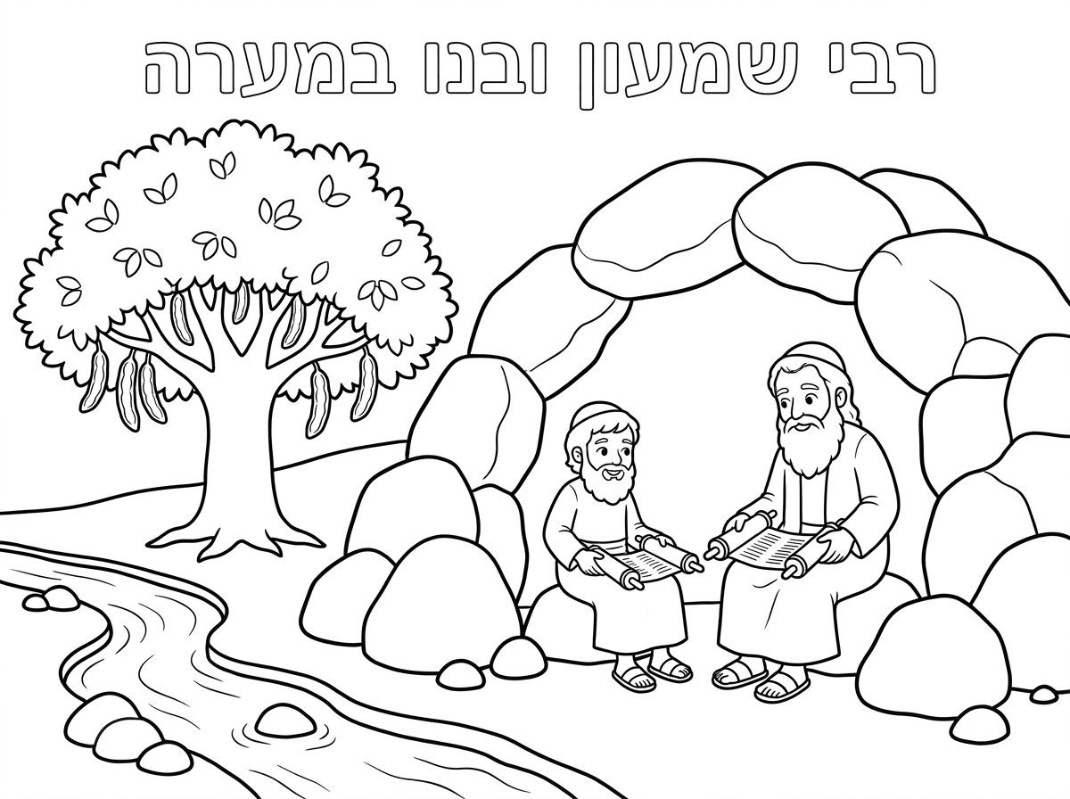 היי 
אני רוצה שתכין לי דף צביעה על רבי שמעון 
למעלה שיהיה כתוב רבי שמעון ובנו במערה 
בדף צביעה שיהיה מערה מחוץ למערה עץ חרוב ונחל