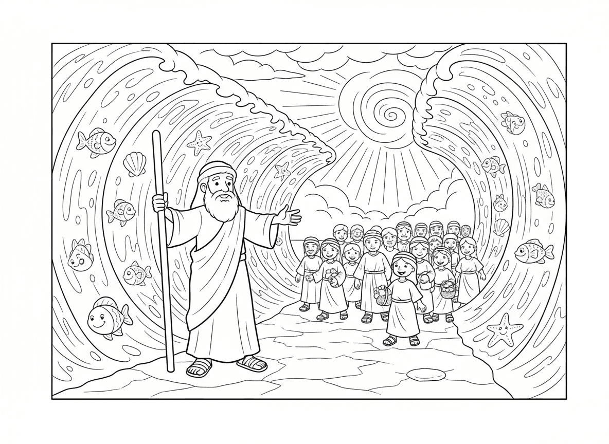 משה רבנו קורע את ים סוף - משה עומד עם המטה שלו מורם, קורע את ים סוף עם קירות מים ענקיים משני הצדדים, בני ישראל הולכים על יבשה, שמיים דרמטיים, דגים נראים בקירות המים