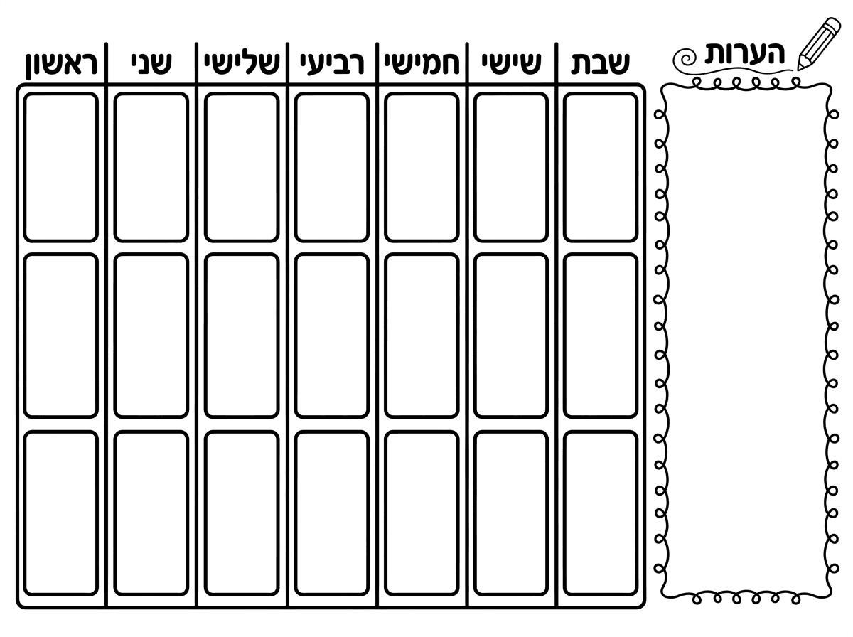 תוציא לי טבלה מחולקת לימות השבוע עם שלוש שורות שבצד ניתן למלא מה שרוציפ