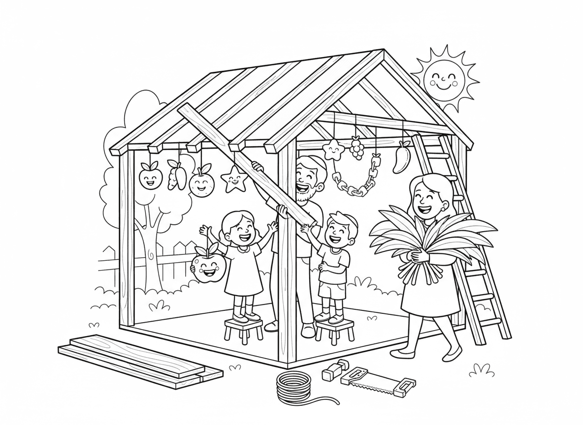 בונים סוכה ביחד - משפחה בונה סוכה ביחד בחצר, אבא מחזיק קורות עץ, ילדים עוזרים עם קישוטים, אמא מביאה סכך (ענפי דקל לגג), כלים וחומרים, עבודת צוות