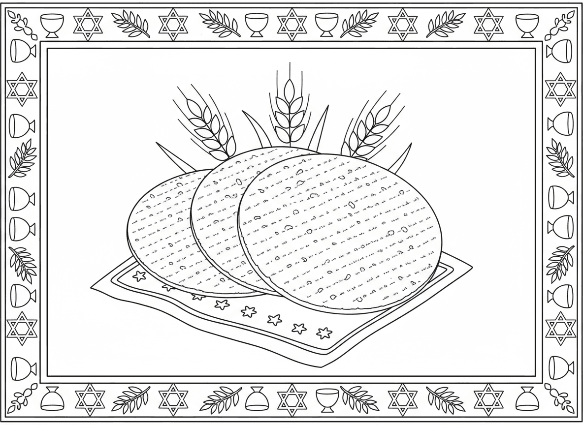 שלוש מצות מוערמות - שלוש מצות גדולות ויפות מוערמות זו על זו על מפית מעוטרת, מראות את המרקם והחורים של המצה, שיבולי חיטה סביב, מסגרת בנושא פסח