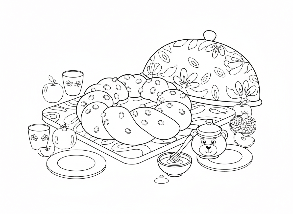 חלה עגולה לשנה חדשה - חלה עגולה יפה לראש השנה, צמה מוזהבת, צימוקים נראים, על קרש חלה מעוטר, כיסוי חלה, דבש בקרבת מקום, שולחן חג חגיגי