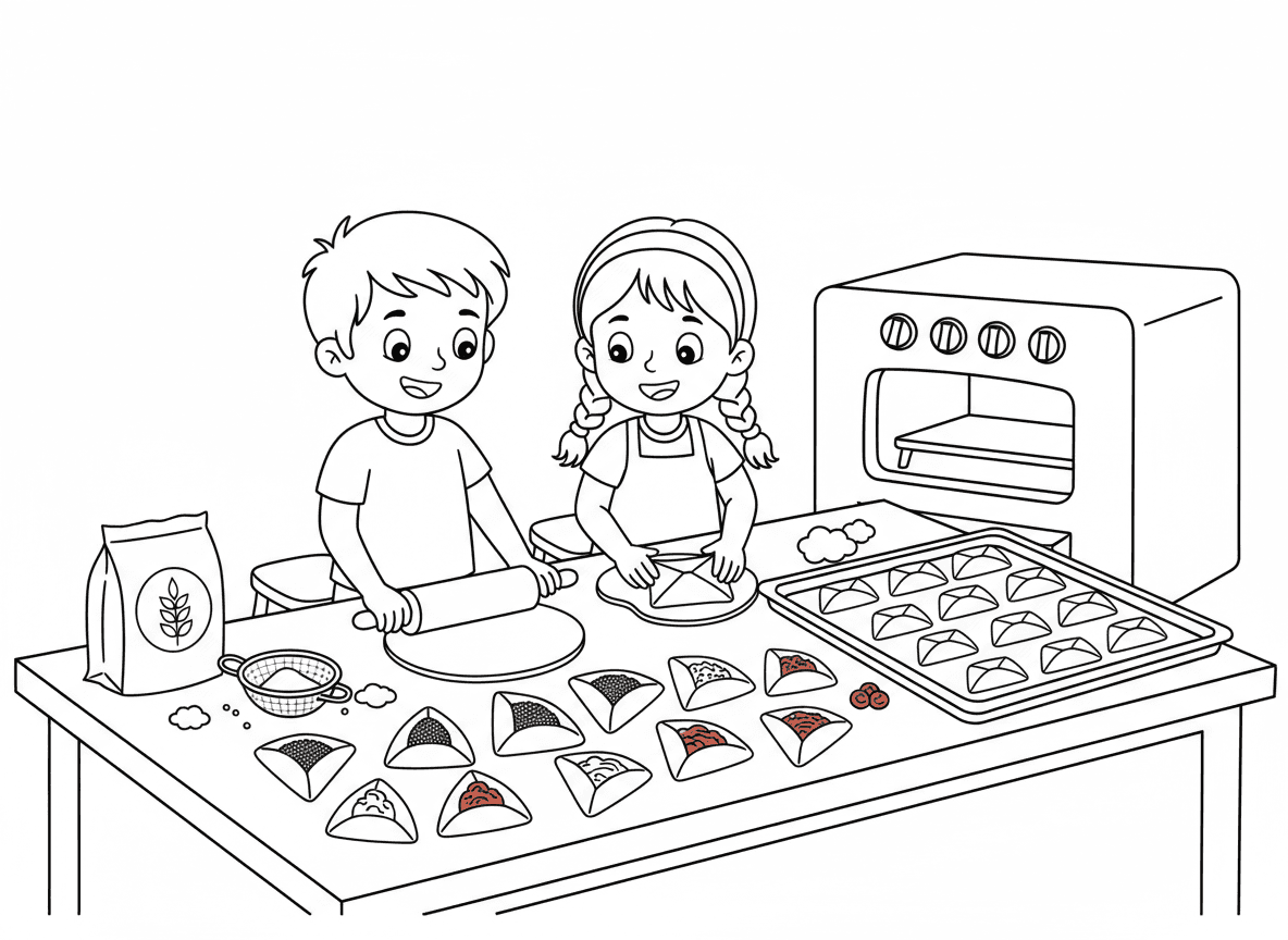 אפיית אוזני המן - סצנת מטבח של אפיית אוזני המן, עוגיות משולשות עם מילויים שונים - פרג, שוקולד, ריבה, בצק מקופל, מגש אפייה, קמח, מערוך, ילדים עוזרים