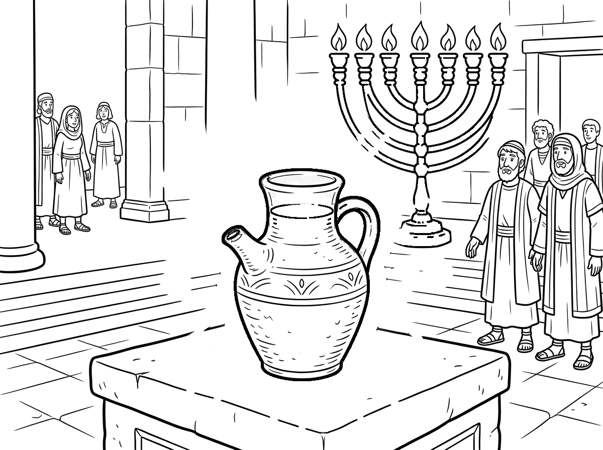 נס פח השמן זוהר - פך השמן הקטן זוהר באופן ניסי באור אלוהי, מספיק שמן ליום אחד שהחזיק שמונה, אור זהוב נפלט, פך חרס עתיק, מנורת בית המקדש ברקע, אווירה קסומה