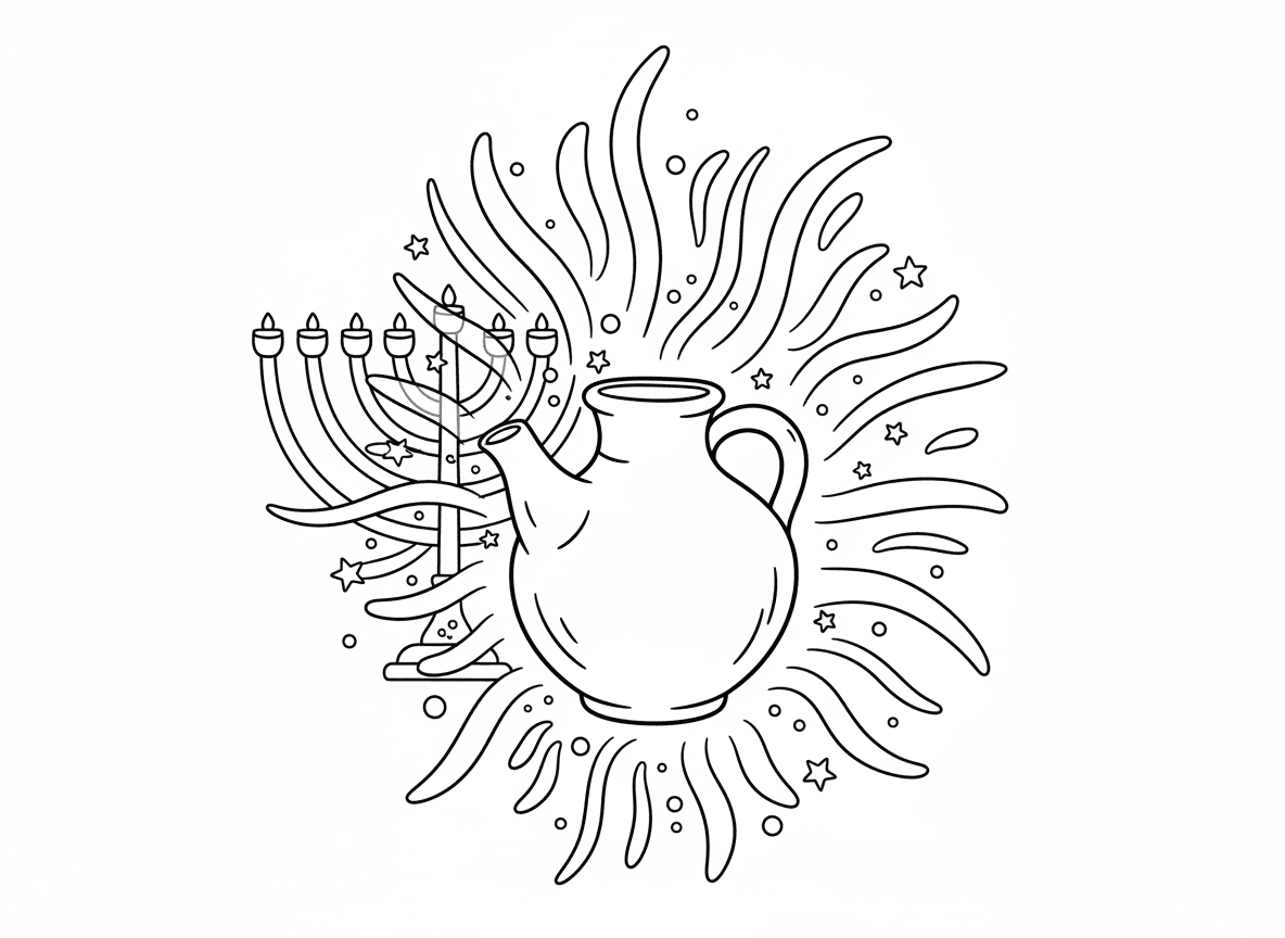 נס פח השמן זוהר - פך השמן הקטן זוהר באופן ניסי באור אלוהי, מספיק שמן ליום אחד שהחזיק שמונה, אור זהוב נפלט, פך חרס עתיק, מנורת בית המקדש ברקע, אווירה קסומה