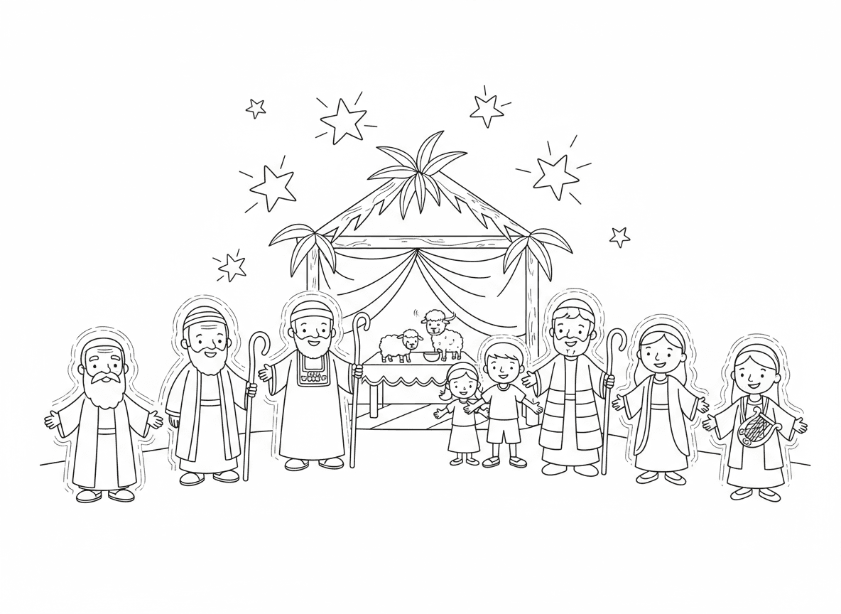 אושפיזין אורחים מיסטיים - שבעת האושפיזין מגיעים לסוכה: אברהם, יצחק, יעקב, משה, אהרון, יוסף ודוד, דמויות רוחניות עם הילה זוהרת, סצנה מקבלת פנים, כוכבים למעלה