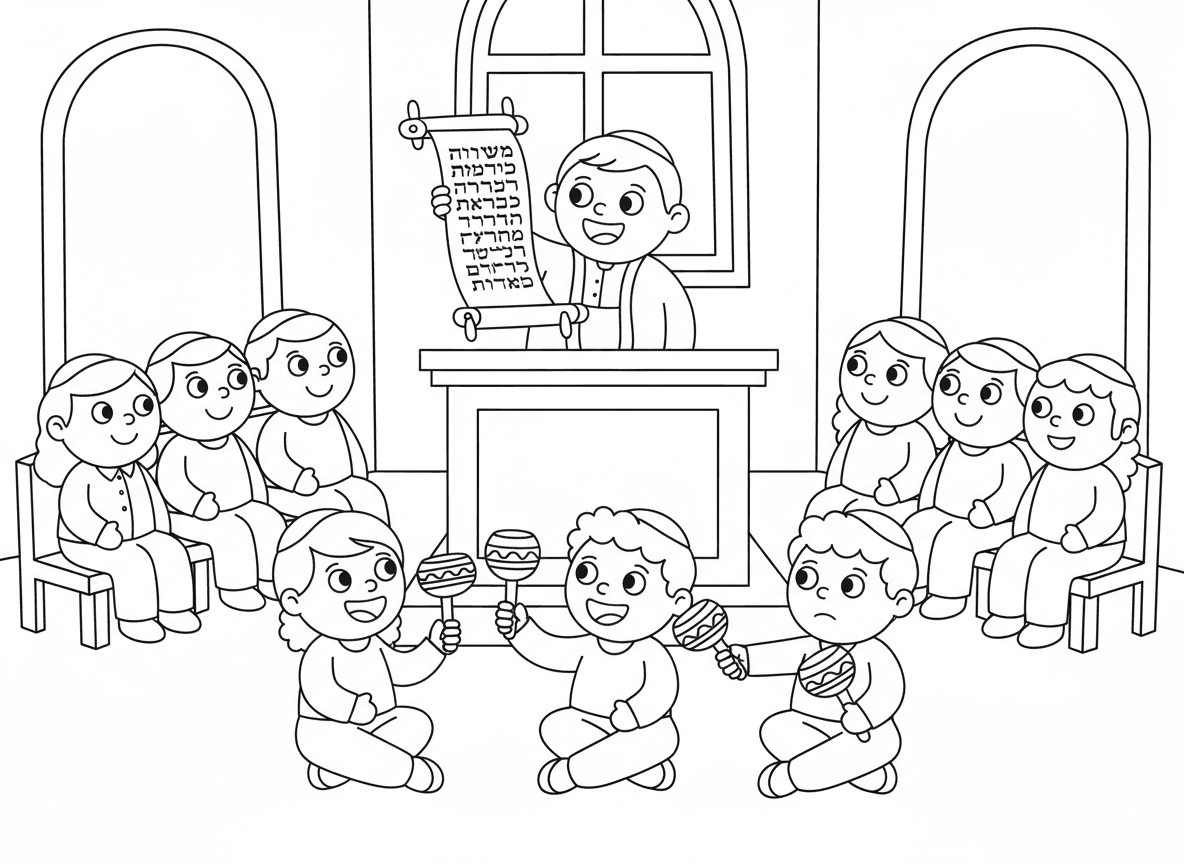 קריאת מגילת אסתר - אדם קורא את מגילת אסתר בבית הכנסת, מגילת קלף ארוכה פרוסה, קהילה מקשיבה, רעשנים מוכנים, ילדים יושבים על הרצפה