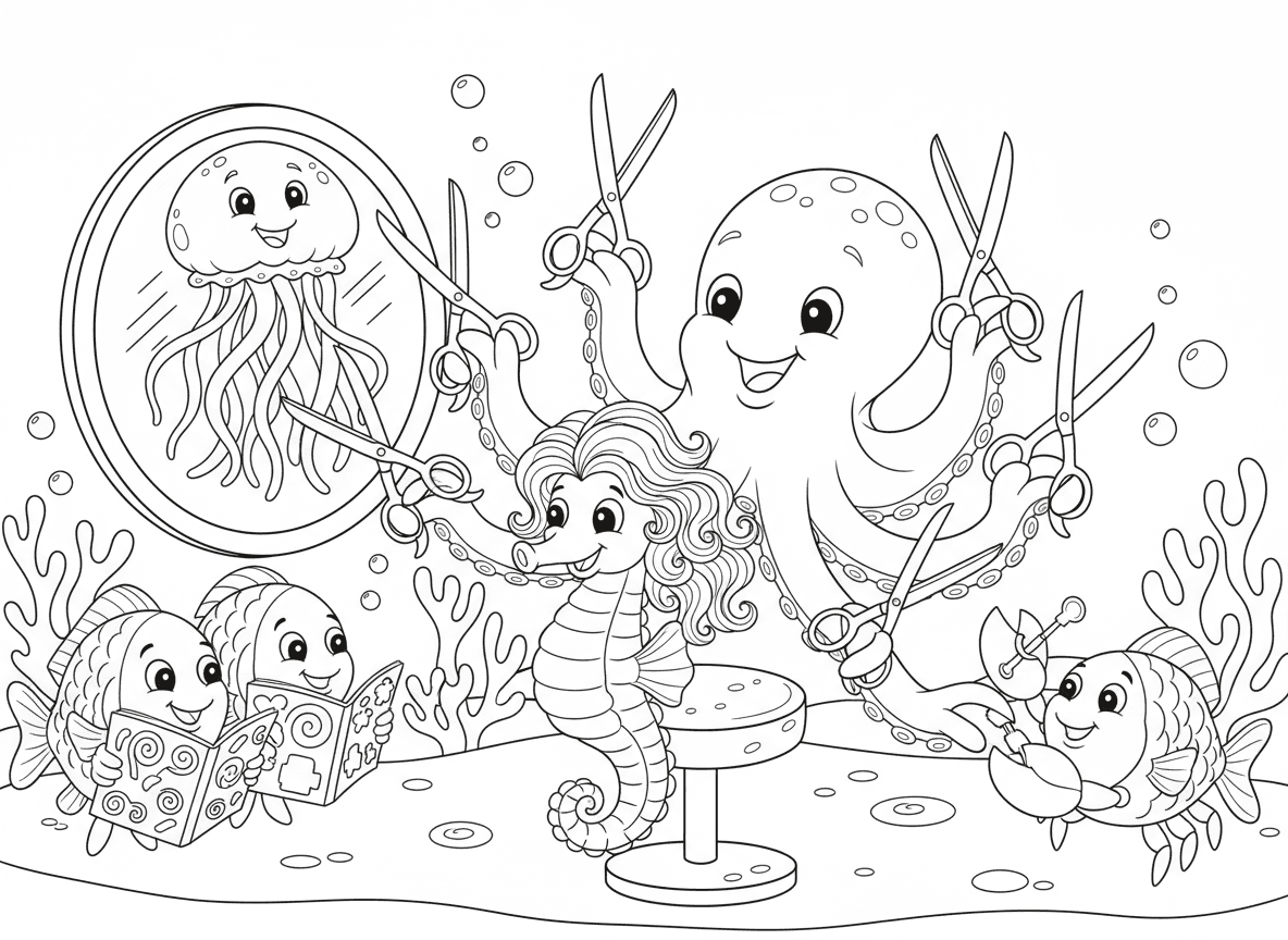 מספרה מתחת לים - תמנון ספר משתמש בשמונה מספריים בו זמנית, דגים ממתינים עם מגזינים, סרטן עושה מניקור עם צבתות זעירות, סוסון ים מסלסל שיער, ומדוזה מנסה תסרוקות שונות מול מראה