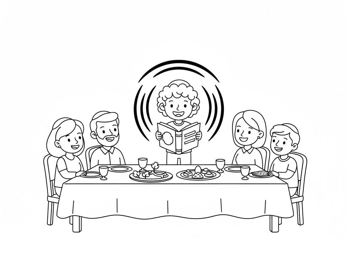 ילד שואל את ארבע הקושיות - ילד צעיר עומד ליד שולחן הסדר וקורא את מה נשתנה מההגדה, המשפחה מקשיבה בגאווה, זרקור על הילד, שולחן חגיגי