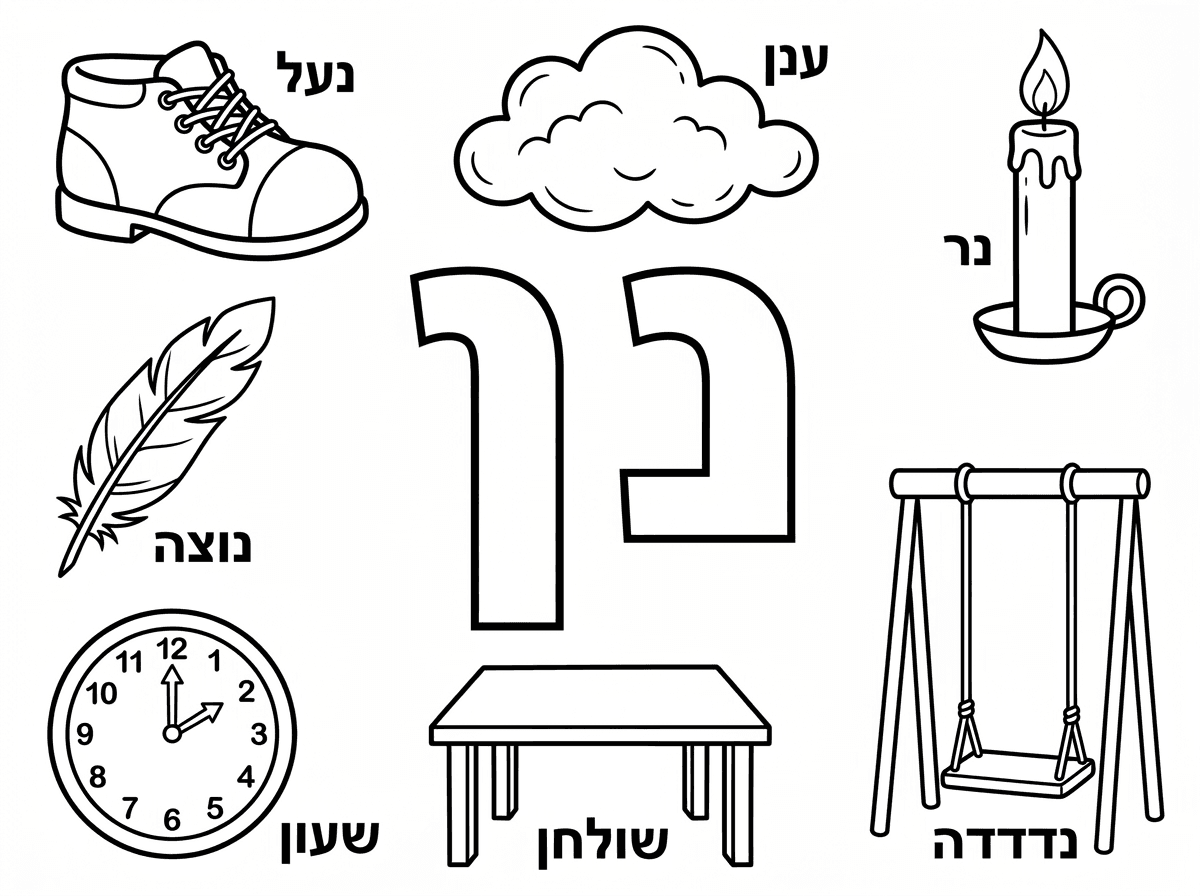 צור בבקשה דף צביעה.
במרכז הדף תופיע האות נ ן, חלולות.
מסביב יהיו הציורים הבאים - נעל, ענן, נר, נוצה, שעון, שולחן, נדנדה
