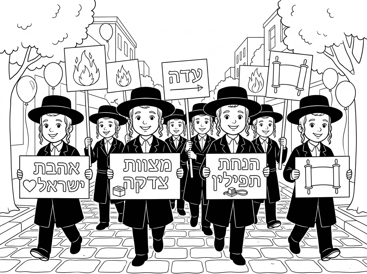 תעשה לי תהלוכת ל"ג בעומר 
ילדים חרדים עם שלטים שרשומים שם אהבת ישראל מצוות צדקה, הנחת תפילין,
הרבה ילדים בנים שהולכים ביחד