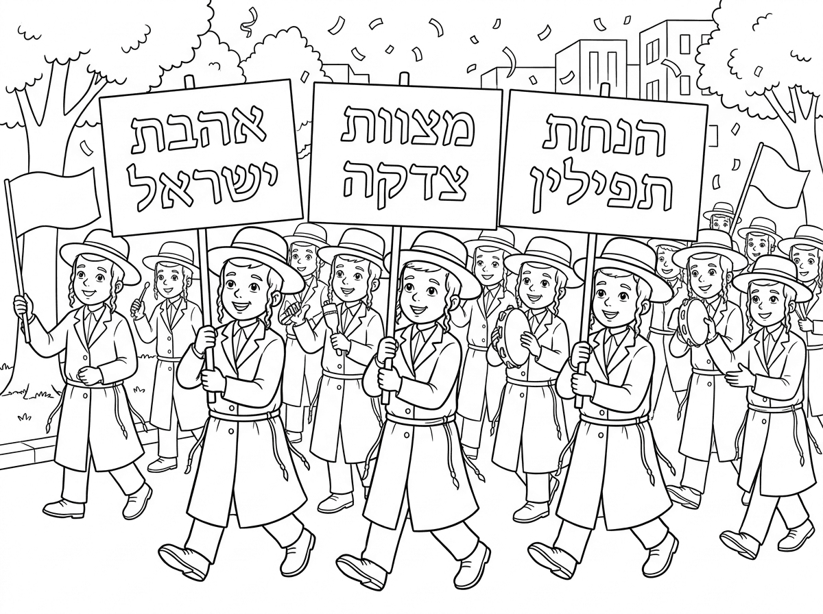 תעשה לי תהלוכת ל"ג בעומר 
ילדים חרדים עם שלטים שרשומים שם אהבת ישראל מצוות צדקה, הנחת תפילין,
הרבה ילדים בנים שהולכים ביחד
בלי צבע שחור למעלה ולמטה