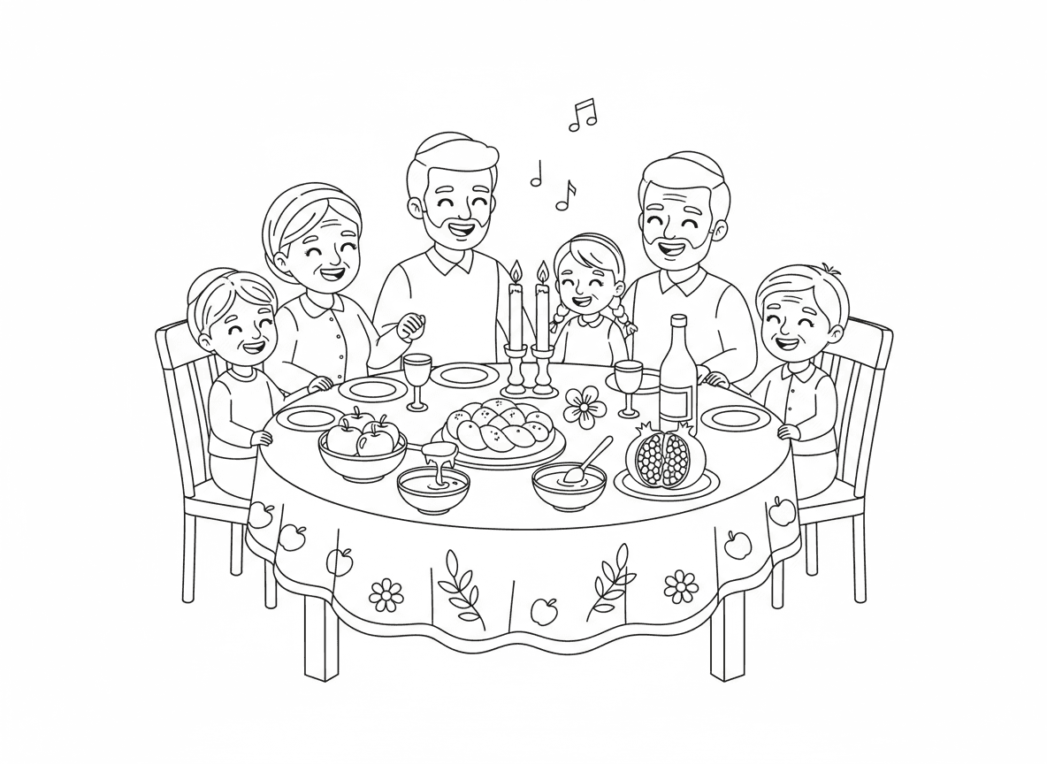 משפחה סביב שולחן ראש השנה - משפחה שמחה מתאספת סביב שולחן ראש השנה הערוך יפה, חלה עגולה, תפוחים ודבש, רימון, נרות דולקים, יין, אווירה חגיגית, מספר דורות