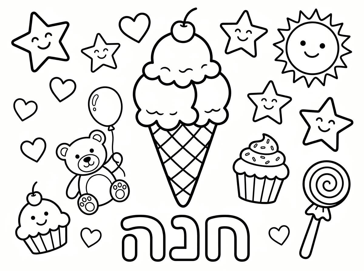 ‏תעשי לי ציור של גלידה עם דברים חמודים מסביב שאפשר לצבוע ותכתבי למטה את השם חנה ובלי טקסט באנגלית