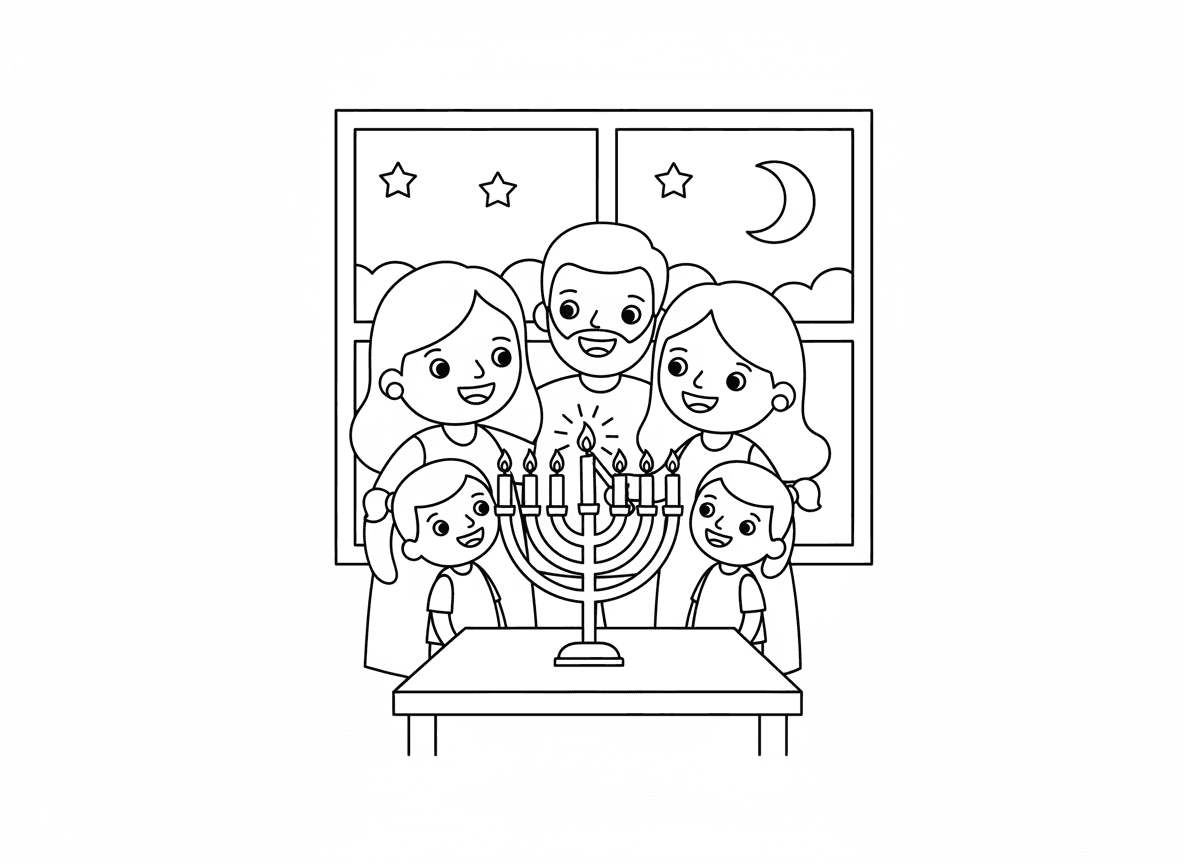 משפחה מדליקה נרות חנוכה - משפחה מתאספת סביב החנוכייה מדליקים נרות יחד, אבא מחזיק שמש, אמא וילדים צופים, זוהר חם, חלון מראה חושך בחוץ, רגע ברכות