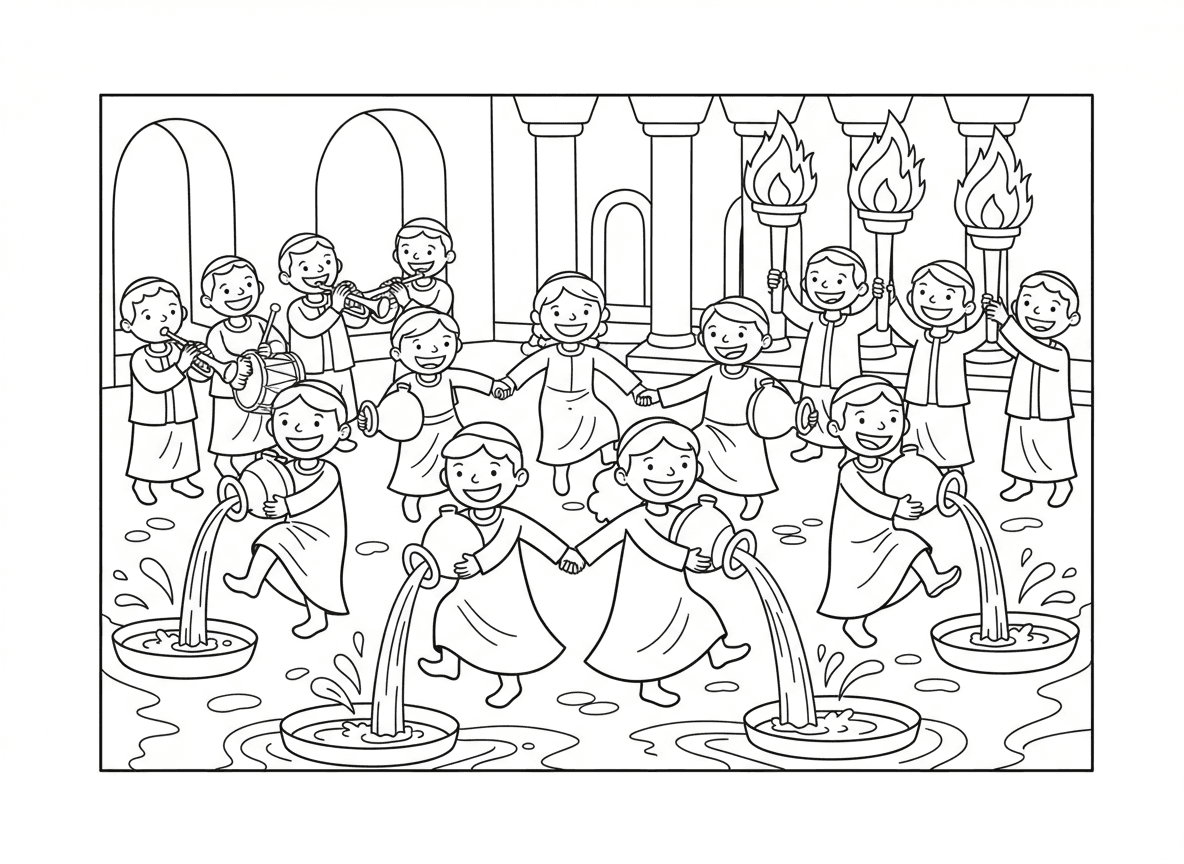 שמחת בית השואבה - סצנת חגיגה שמחה של שמחת בית השואבה, אנשים רוקדים עם כדי מים, מוזיקאים מנגנים, לפידים דולקים, חצר בית המקדש, שמחה גדולה, כלי נגינה, מעגלי ריקוד