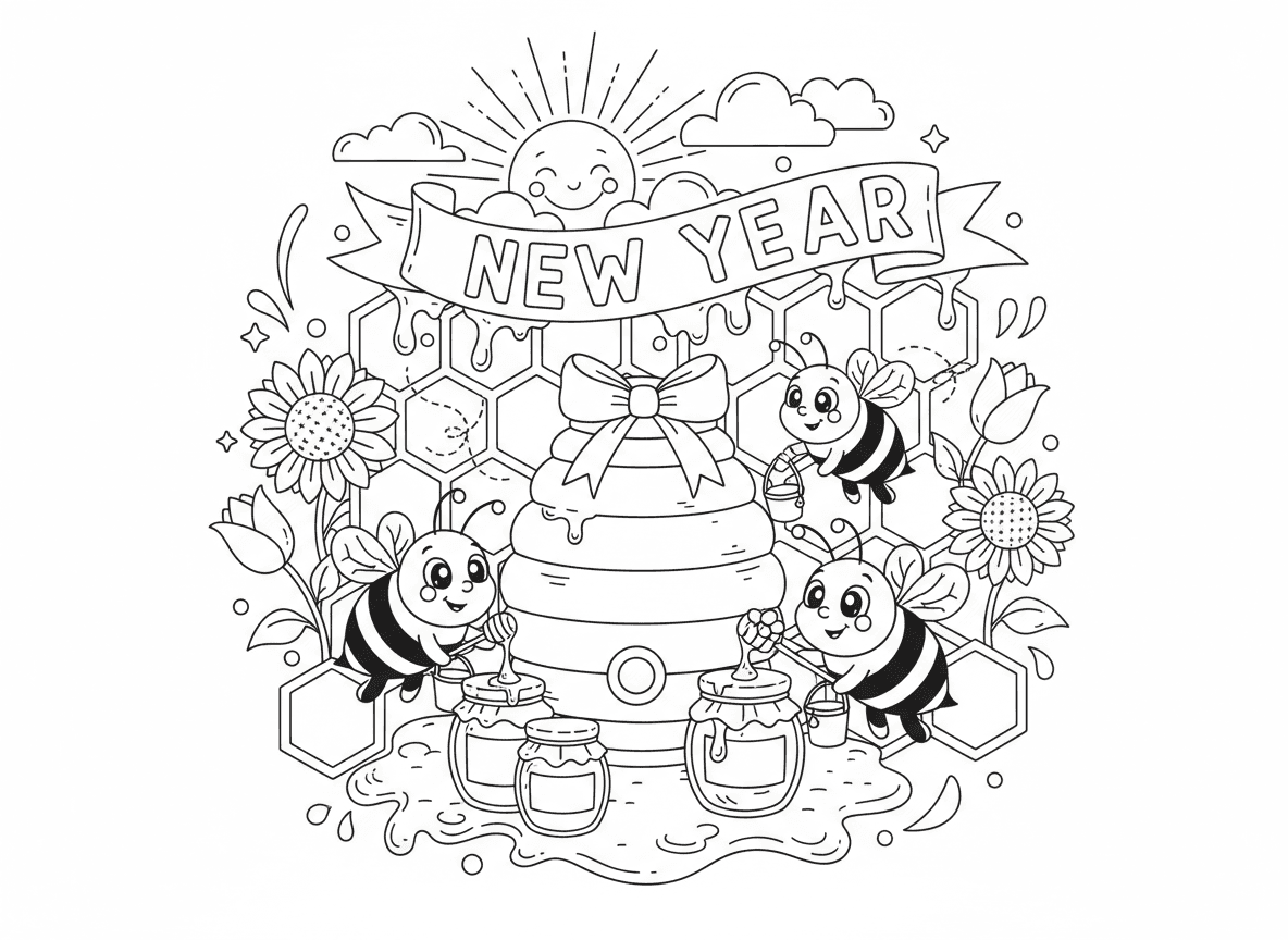 דבורים ודבש - דבורים מצוירות חמודות מייצרות דבש, כוורת, דוגמת חלת דבש, צנצנות דבש, פרחים שדבורים מבקרות, דבש זהוב מטפטף, גינה שמשית, נושא שנה מתוקה