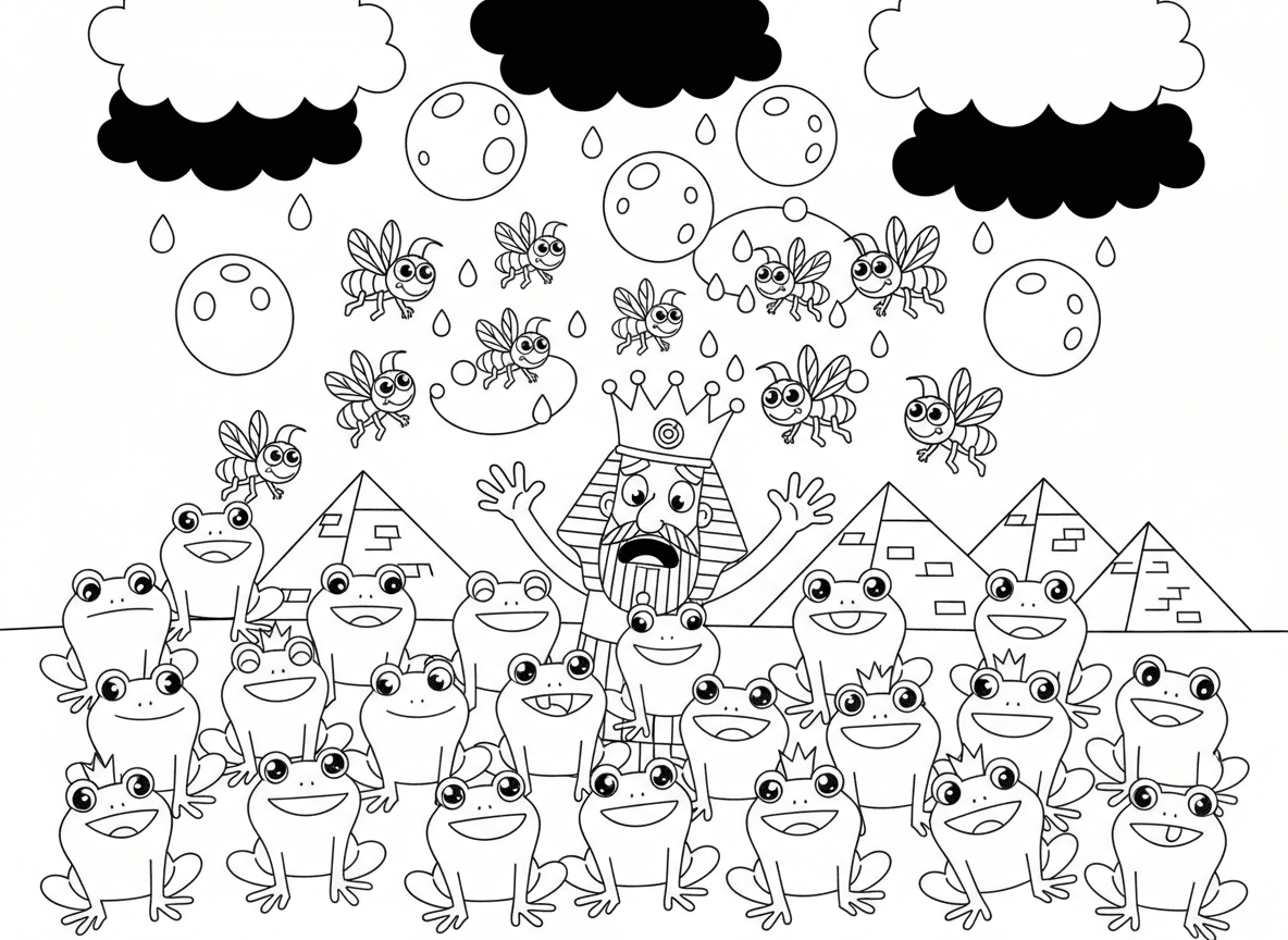 עשר המכות של מצרים - סצנה מאוירת ומצחיקה של עשר מכות מצרים בסגנון ידידותי לילדים: צפרדעים קופצות, ארבה עף, ברד יורד, חושך, פרעה נראה מודאג, פירמידות ברקע