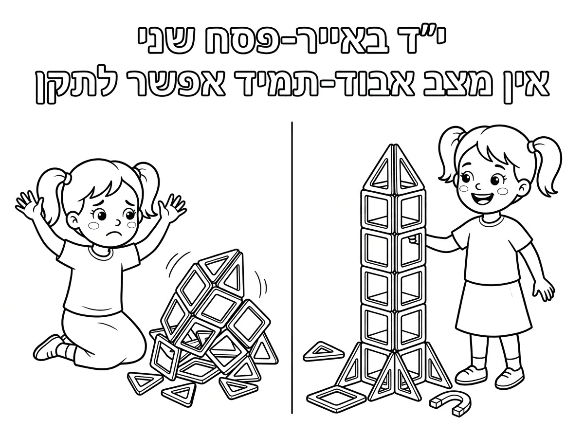 עכשיו במקום הילד
ילדה קטנה בגיל גן

ילדה קטנה עם קוקיות חולצה וחצאית שמכסות את הברכיים
בונה מגדל עם מגנטים אחד
מתפרק ומתפזר לה
פנים עצובות

וליד אותה ילדה עם פנים שמחות
ובנה מגדל גבוה מהמגנטים

כותרת
י״ד באייר-פסח שני
אין מצב אבוד-תמיד אפשר לתקן