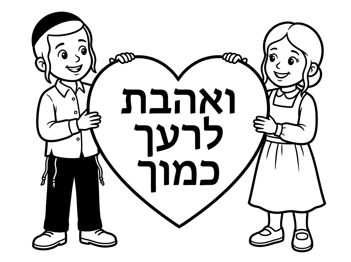 שלום וברכה אני צריכה דף צביעה של 2 ילדים חסידים שמחזיקים לב גדול ובתוך הלב כתוב ואהבת לרעך כמוך