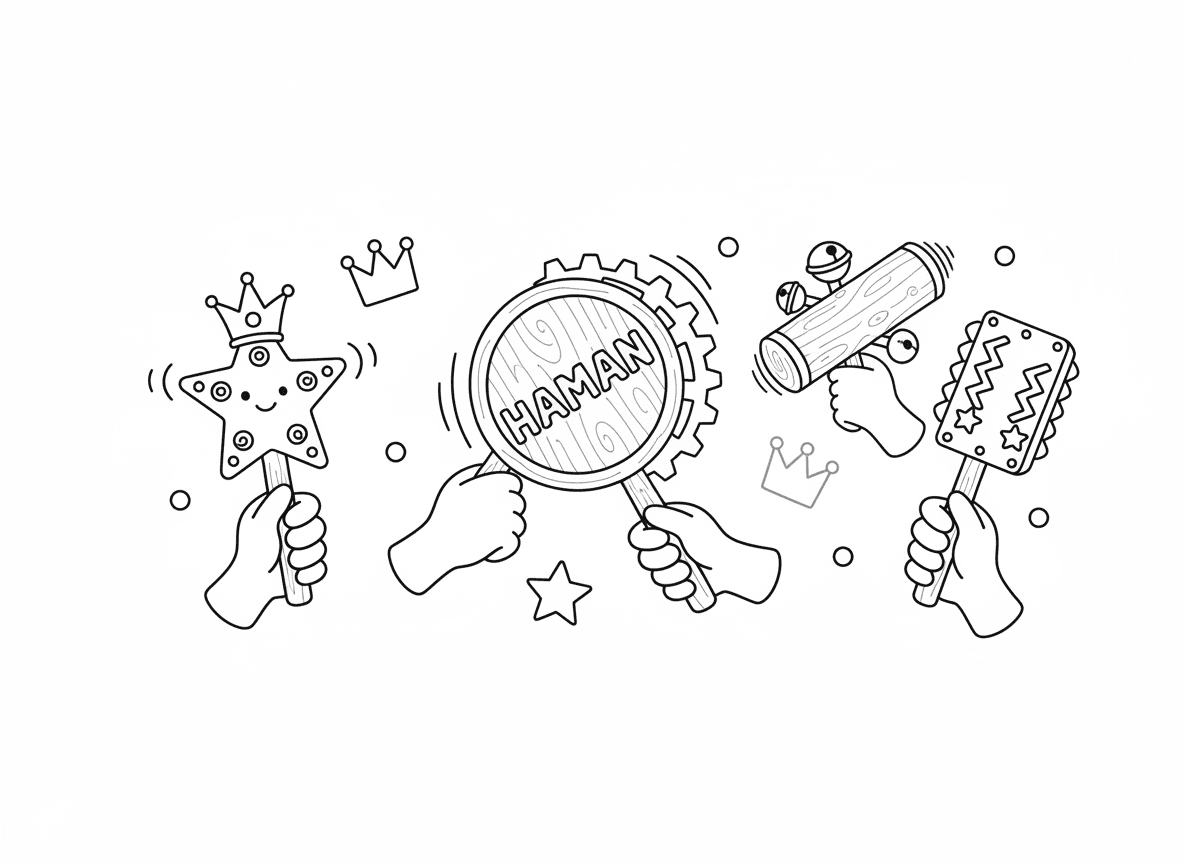 רעשנים לפורים - אוסף רעשני פורים צבעוניים בצורות וגדלים שונים, מעץ וממתכת, קישוטי כוכבים וכתרים, ידיים מנערות אותם, שם המן כתוב, חגיגי