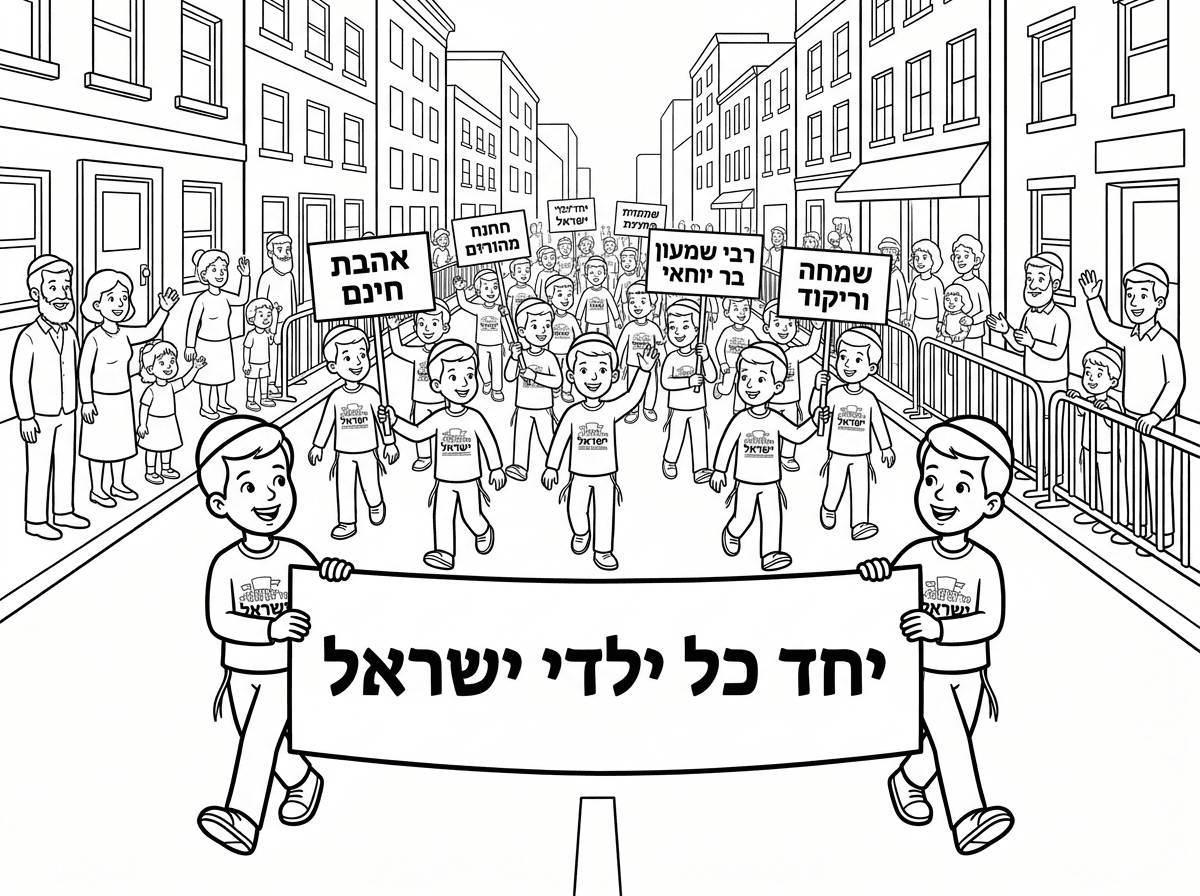צור לי בבקשה ציור לצביעה של תהלוכת ל"ג בעומר של חב"ד. ילדים- רק בנים- צועדים יחד, בידיים שלהם יש שלטים עם סיסמאות כמו שמקובל בתהלוכת ל"ג בעומר. שני ילדים שהולכים בראש מחזיקים שלט גדול שעליו הכיתוב: יחד כל ילדי ישראל. אפשר שכל הילדים יהיו עם חולצות אחידות שעליהן לוגו התהלוכה. הילדים צועדים ברחוב, רואים בניינים בצדדים ואולי אנשים שעומדים וצופים בשיירה שעוברת.