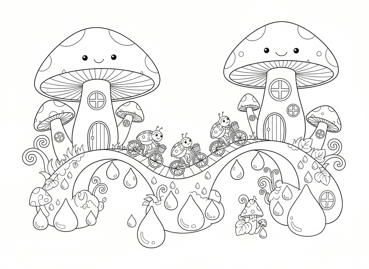 עיר של פטריות קסומות
בתים בתוך פטריות, גשרים מעל טיפות טל, וחיפושיות שנוסעות באופניים.