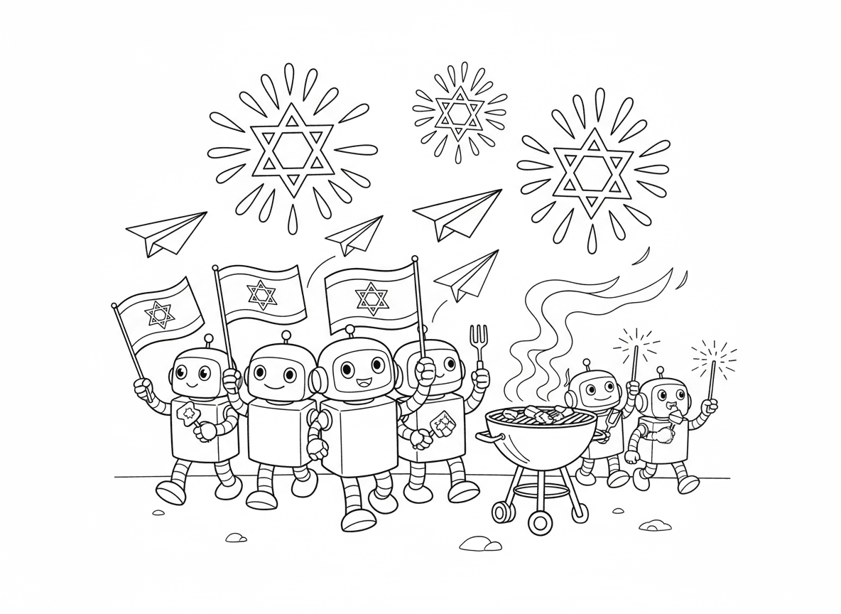 יום העצמאות של הרובוטים - רובוטים מנופפים בדגלי ישראל, צופים במטס מטוסי נייר, אוכלים על מנגל מתכתי, ילדי רובוט משחקים עם זיקוקים, וזיקוקין בצורת מגן דוד בשמיים