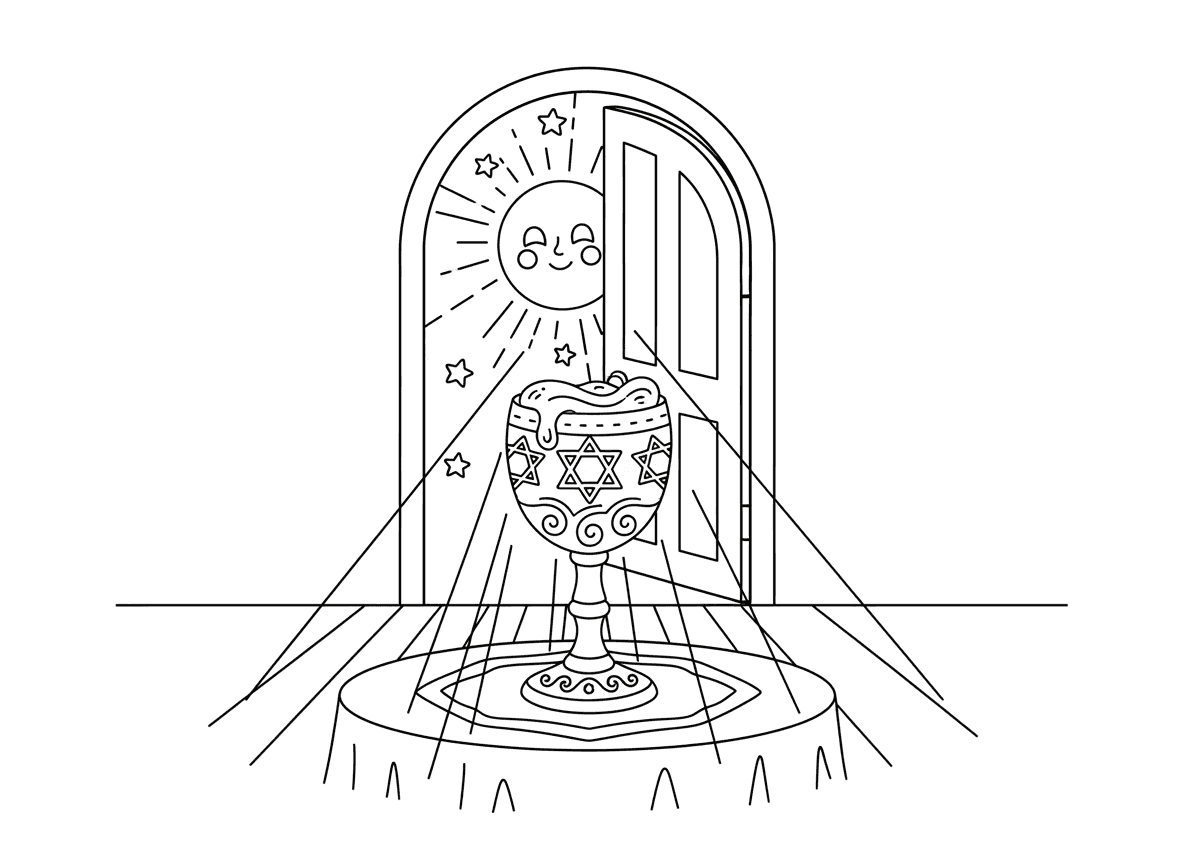 כוס אליהו ודלת פתוחה - כוס אליהו מעוטרת ויפה מלאה יין על שולחן הסדר, דלת פתוחה ברקע עם זוהר קסום, אור ירח זורם פנימה, כוכבים נראים