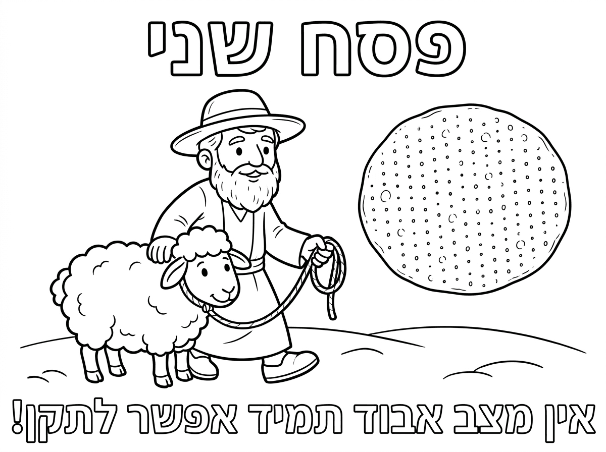 אני רוצה דף צביעה שמצוייר בו כבשה ואדם עם כובע וזקן לוקח את הכבשה עם חבל  על הדף יהיה מצטייר מצה עגולה
כותרת: פסח שני
למטה יהיה כתוב באותיות חלולות בדפוס 
אין מצב אבוד
תמיד אפשר לתקן!