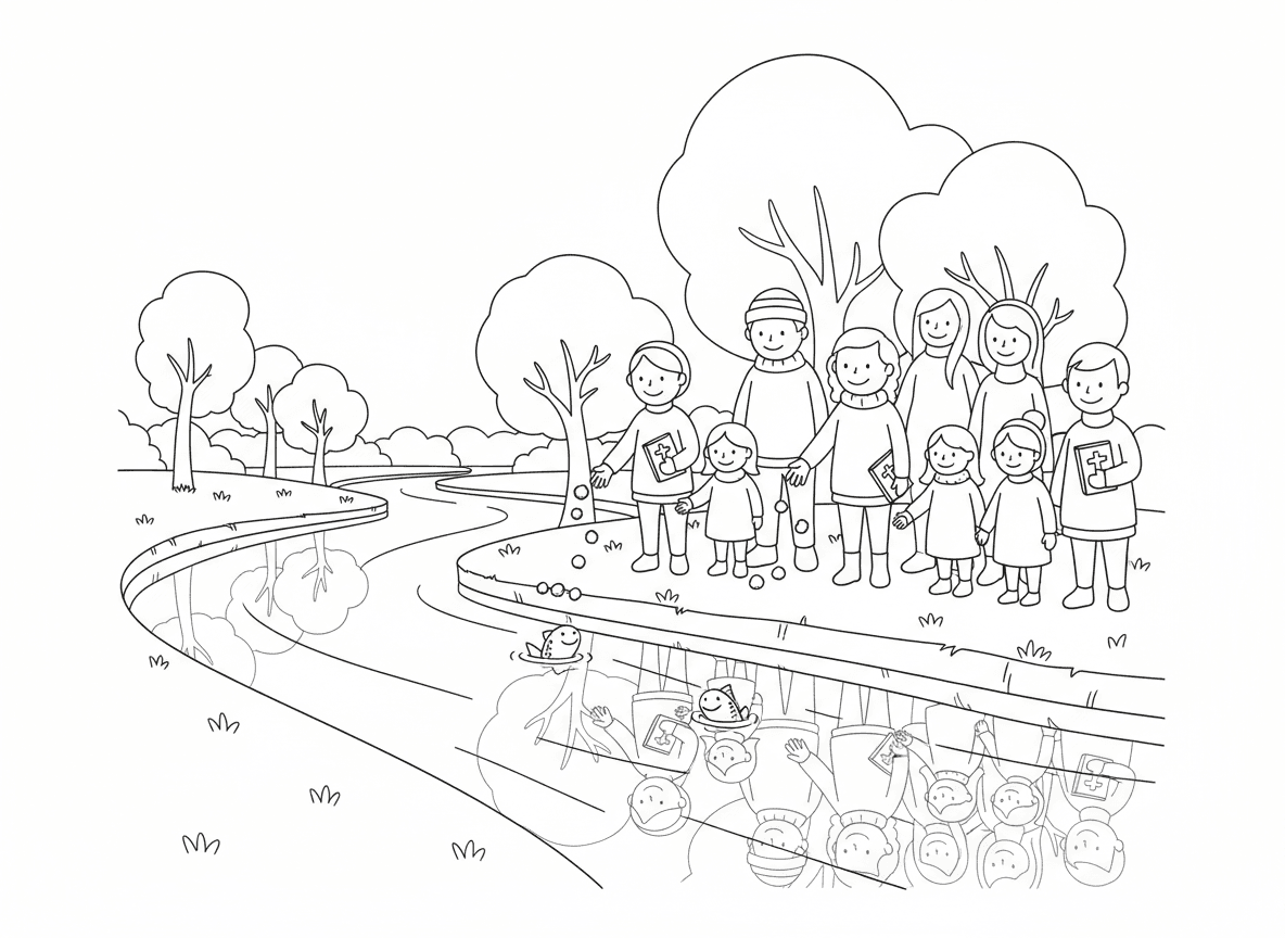 טקס תשליך בנהר - אנשים עושים תשליך בנהר, זורקים פירורי לחם למים, דגים קופצים, סצנת נהר שלווה, משפחות יחד, עצי סתיו, השתקפויות במים, סידורים