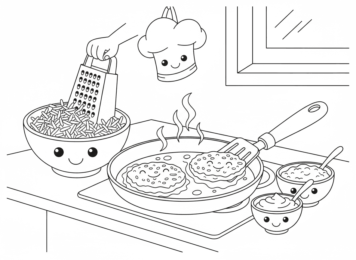 טיגון לביבות - סצנה של הכנת לביבות, לביבות מוזהבות ופריכות במחבת, תפוחי אדמה מגוררים, שמנת חמוצה ורסק תפוחים בצד, מסגרת מטבח, קיטור עולה, טעים