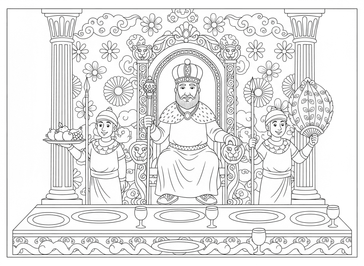 המלך אחשוורוש על כס מלכותו - המלך אחשוורוש יושב על כס המלכות הזהוב המפואר שלו, כתר גדול, שרביט ביד, קישוטי ארמון פרסי, משרתים ושומרים, שולחן משתה מלכותי נראה, מסגרת מפוארת